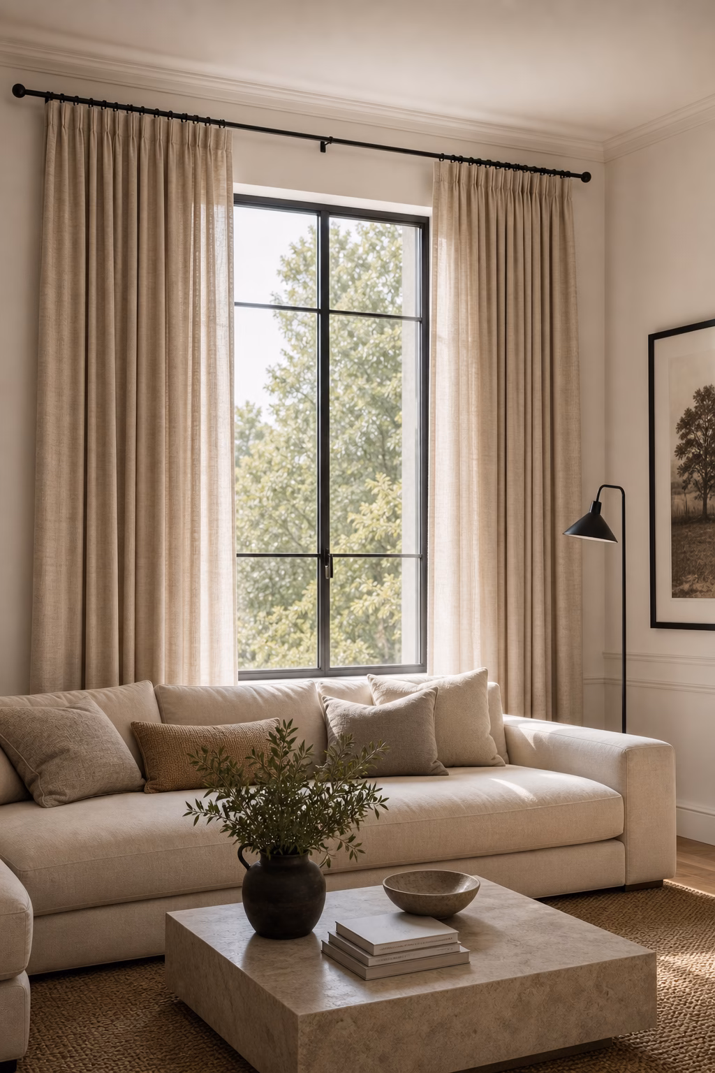 Slim black curtain rod above warm neutral drapes in a living room