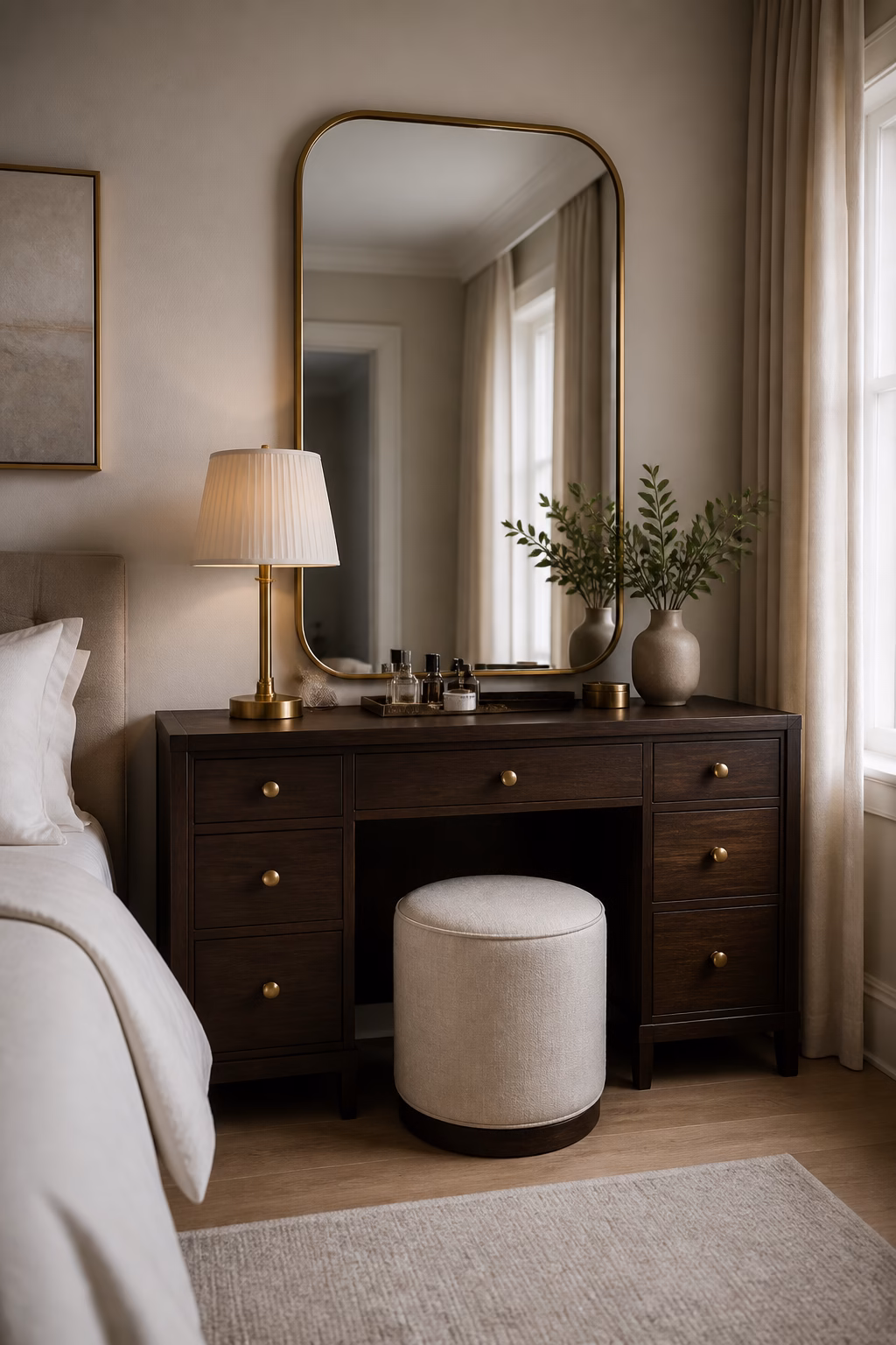 Dark wood dressing table with brass accents in a luxury bedroom.