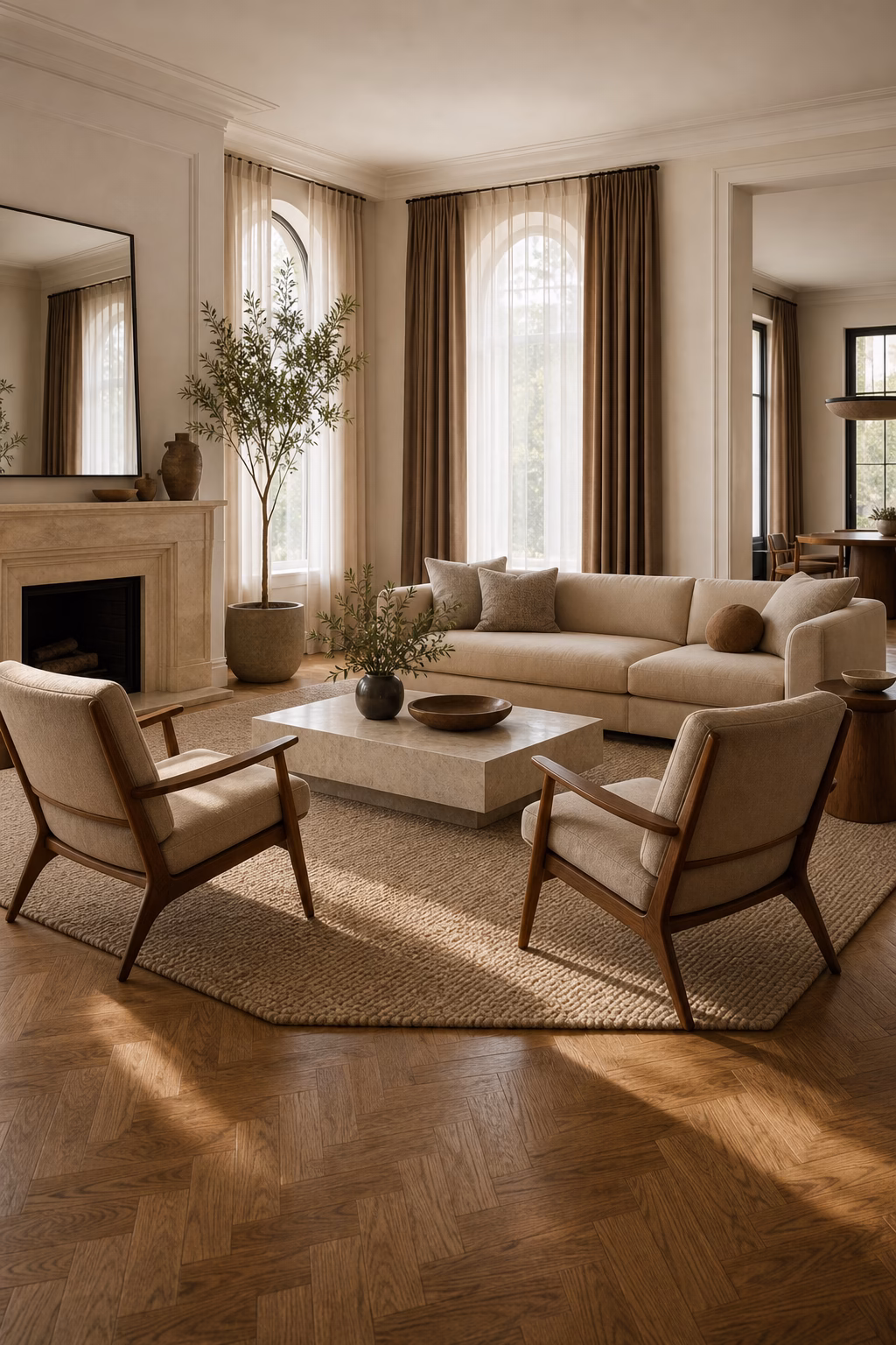 Open conversational mid-century living room layout with low seating