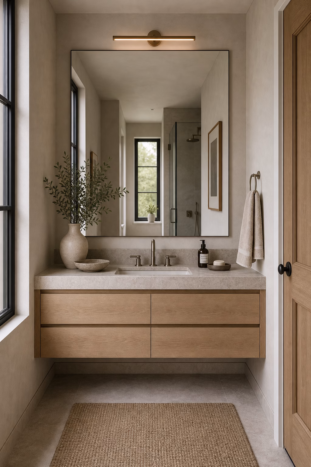 Long mirror aligned above a floating vanity in a narrow bathroom