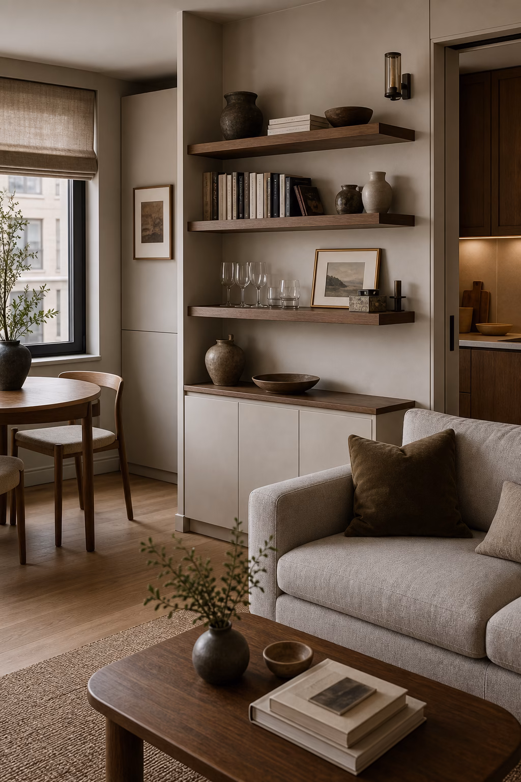 Edited open shelves in a cozy small apartment