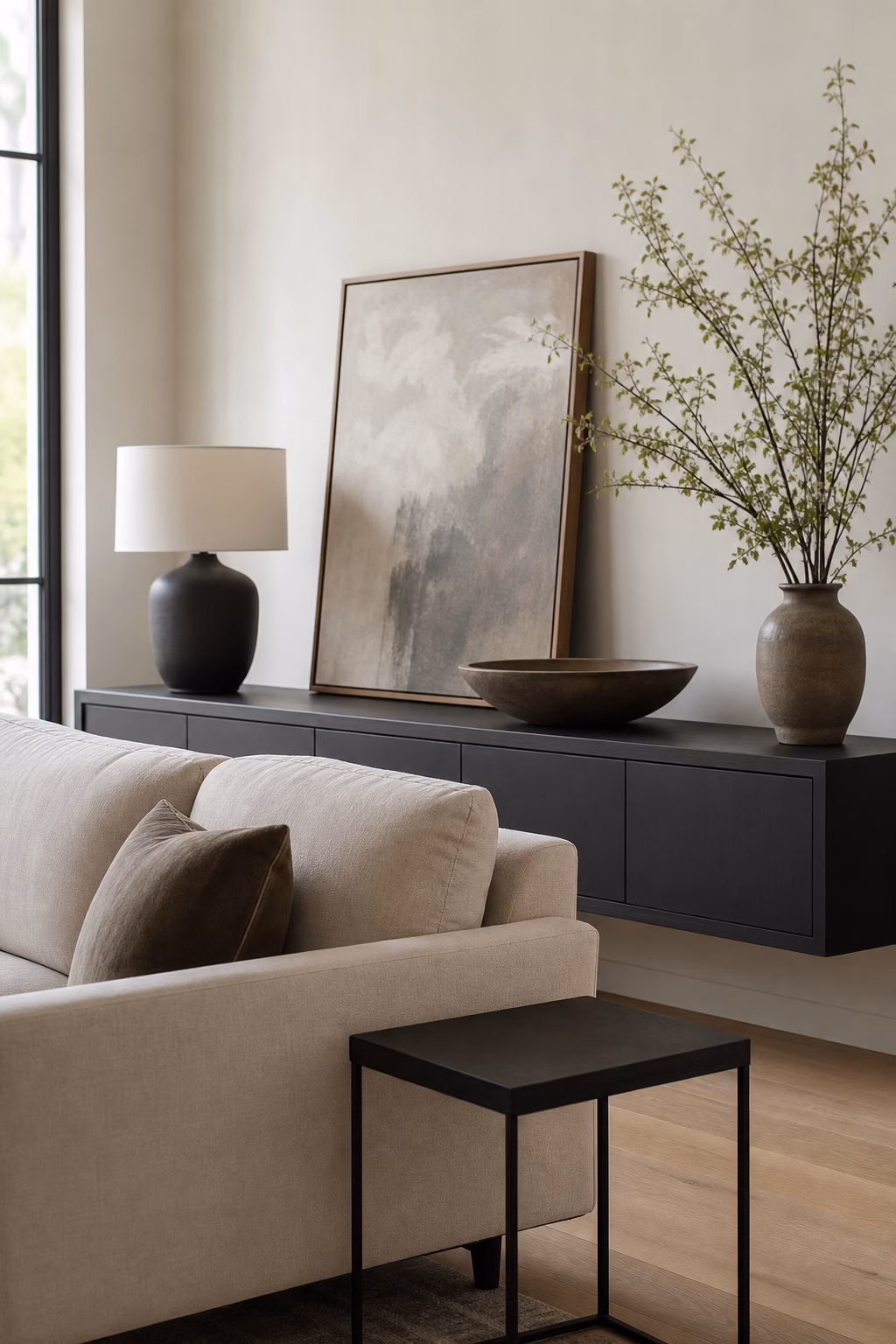 Living room console styled with lamp art bowl and edited objects