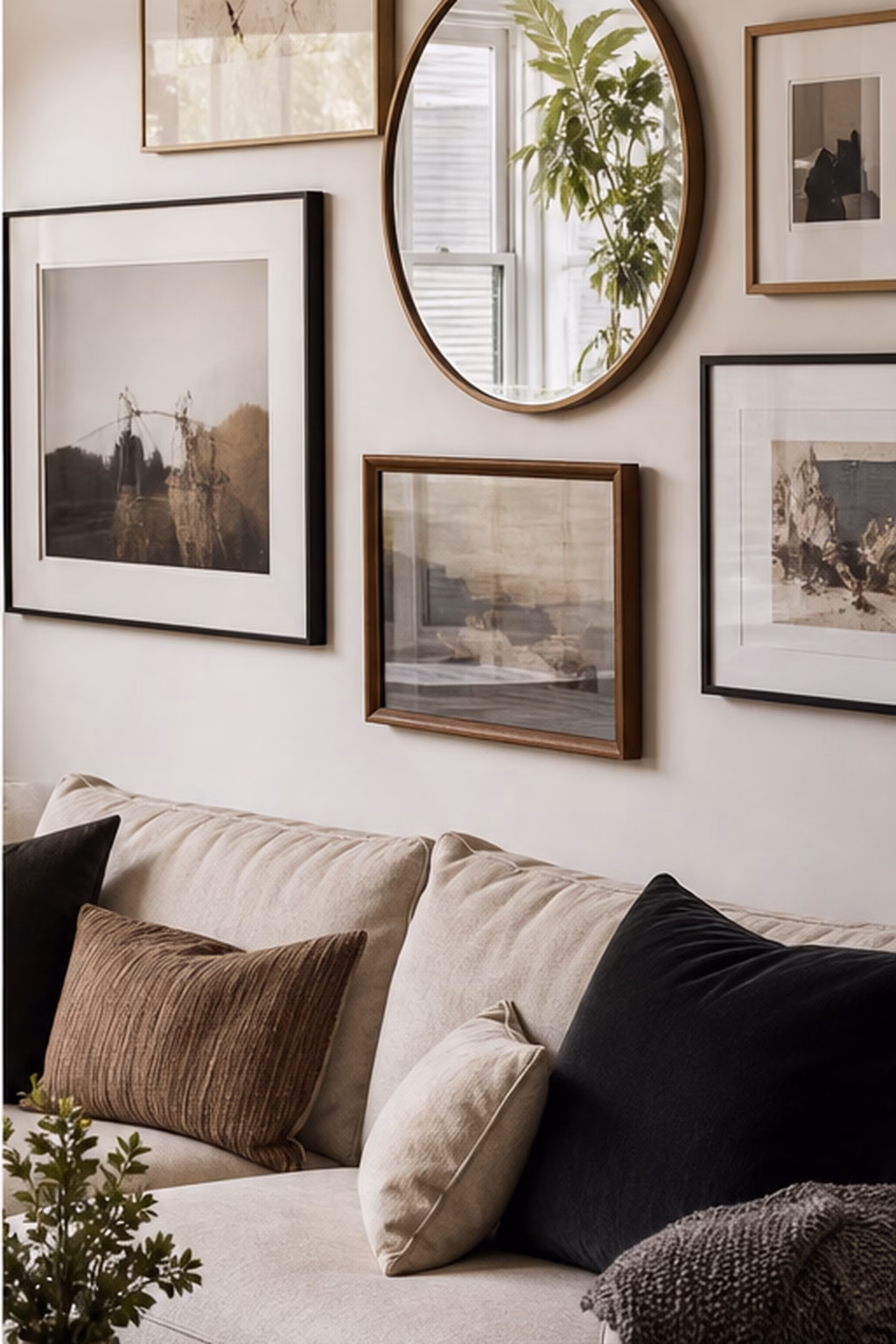 Round mirror softening a compact gallery wall of framed art