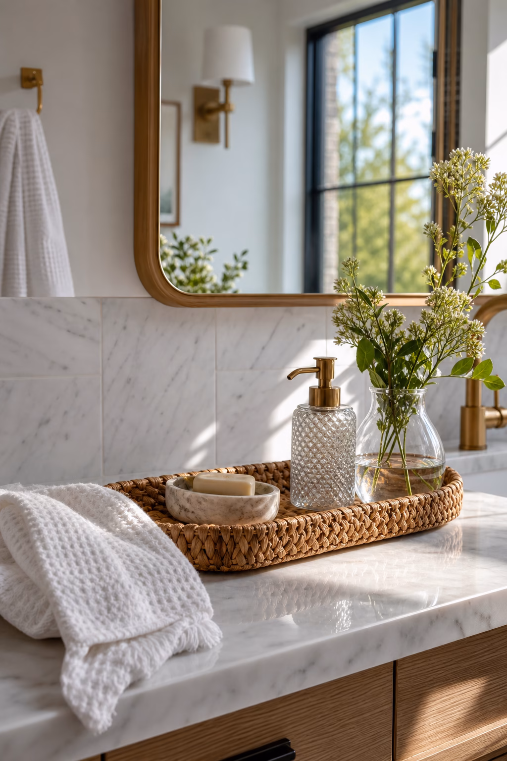 Spring bathroom refresh with waffle towels stems and natural textures