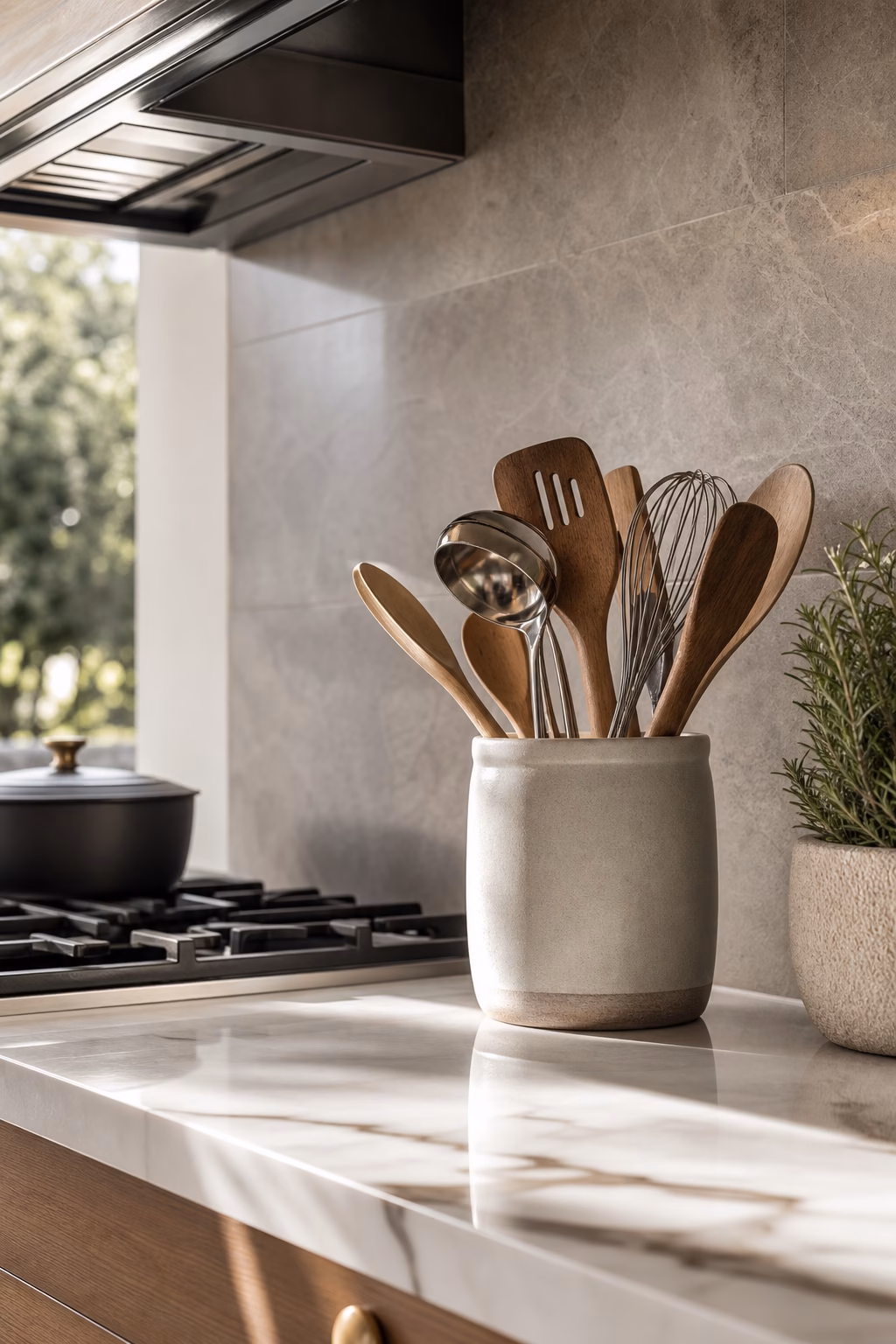 Weighted utensil crock keeping daily tools sleek near the range