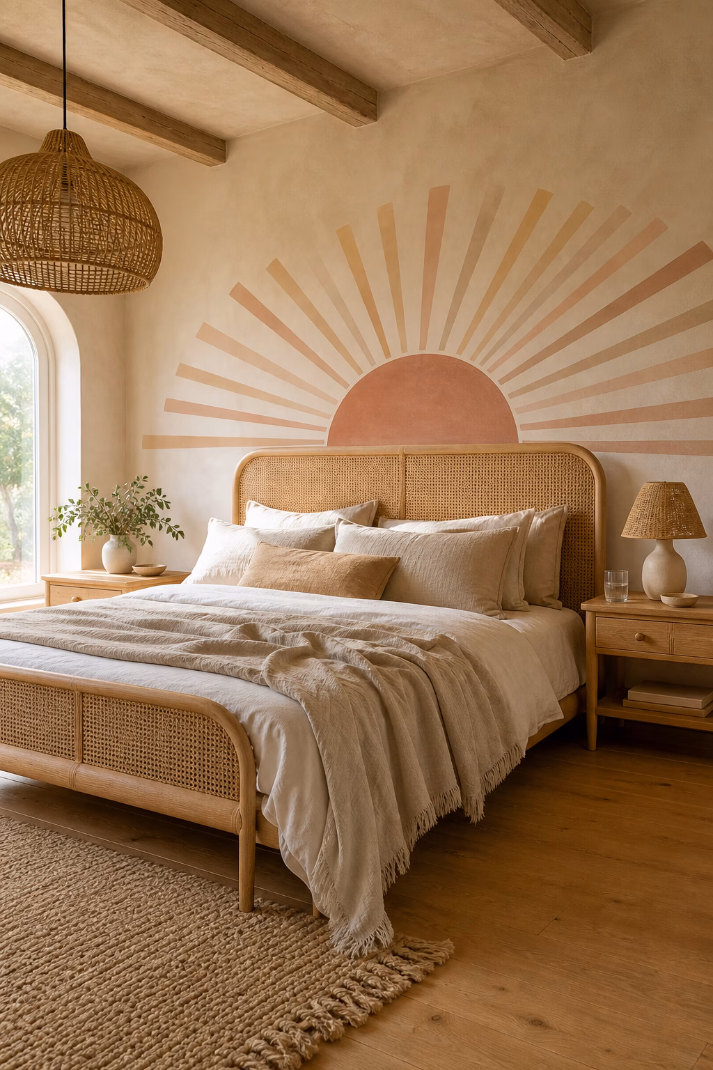 Sunrise wall decal radiating behind a cane bedroom bed