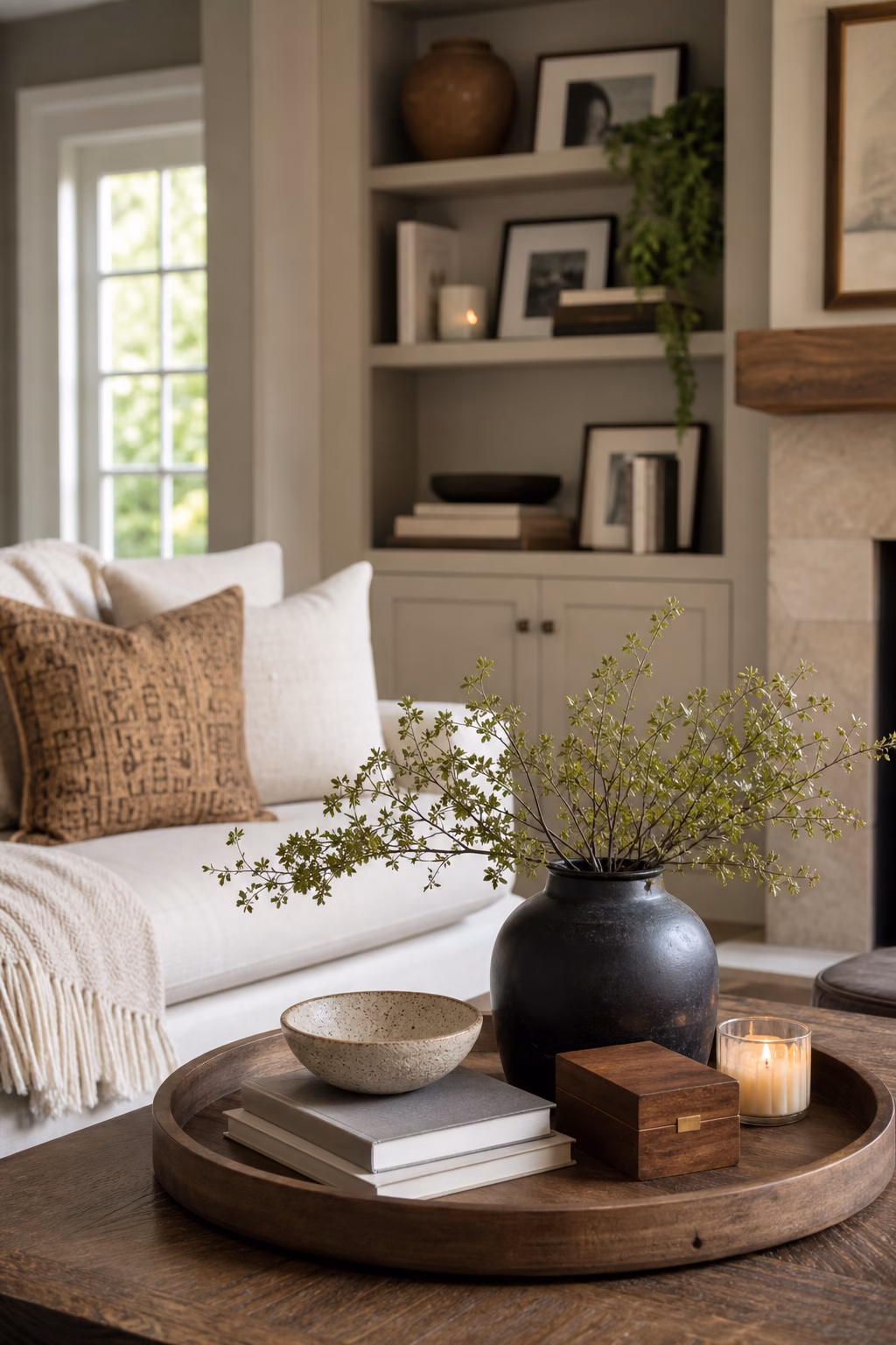 Cozy living room displaying personal objects, ceramics, framed photos, books, and candles without crowding.