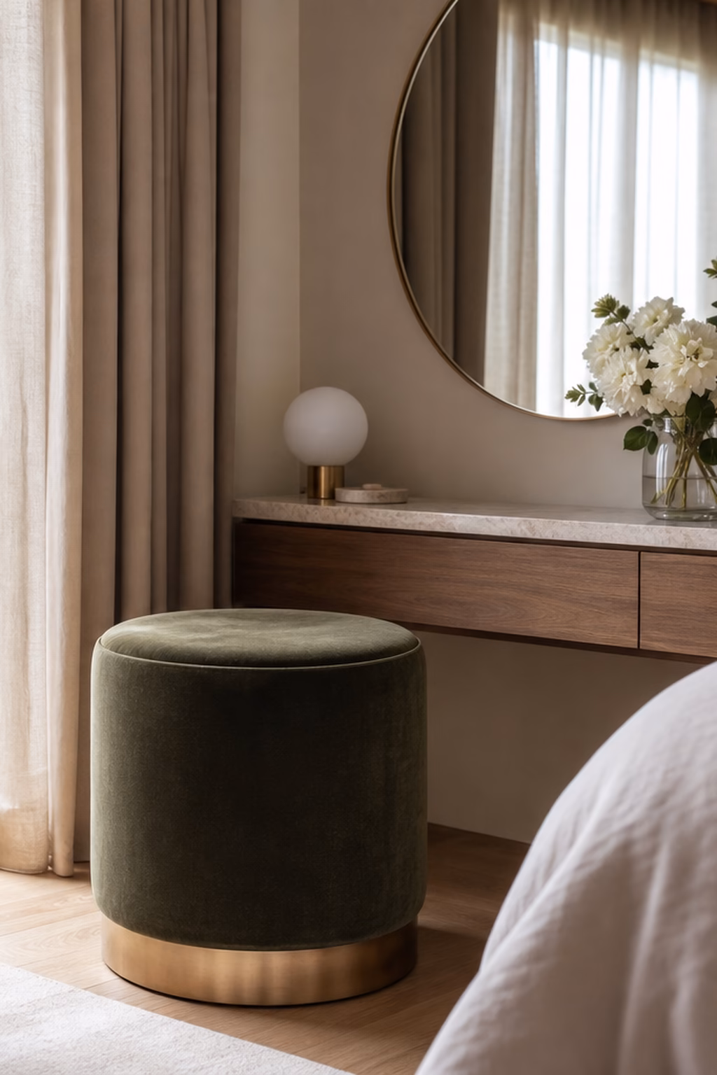 Velvet accent stool styled beside a bedroom vanity.