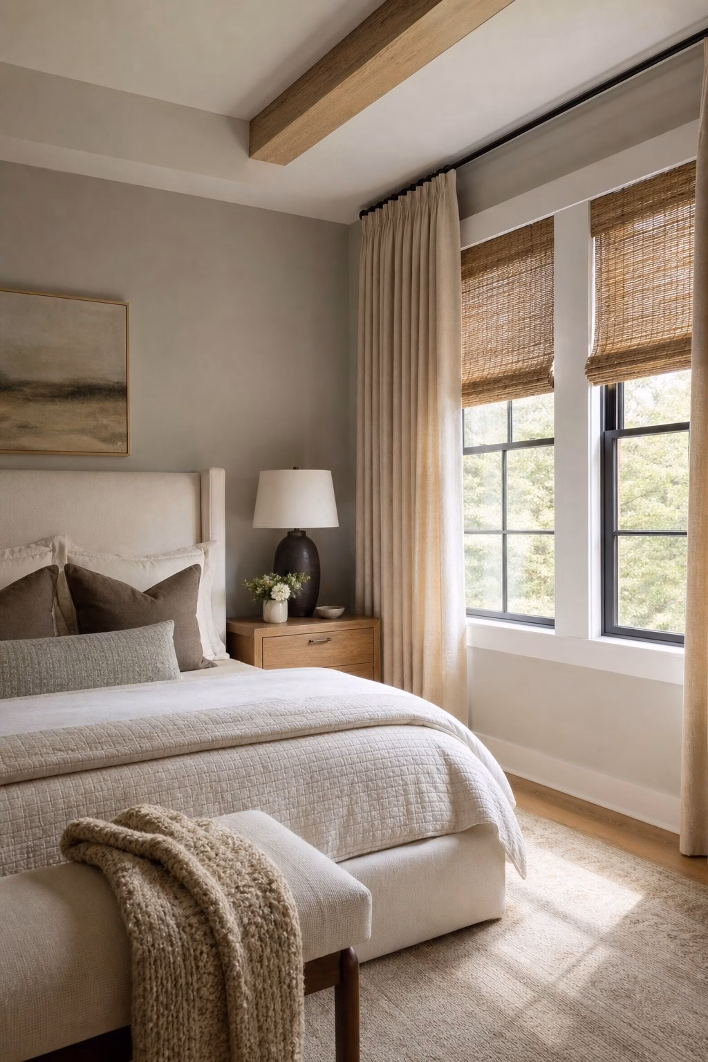 Layered woven shades and linen curtains finishing an elevated bedroom