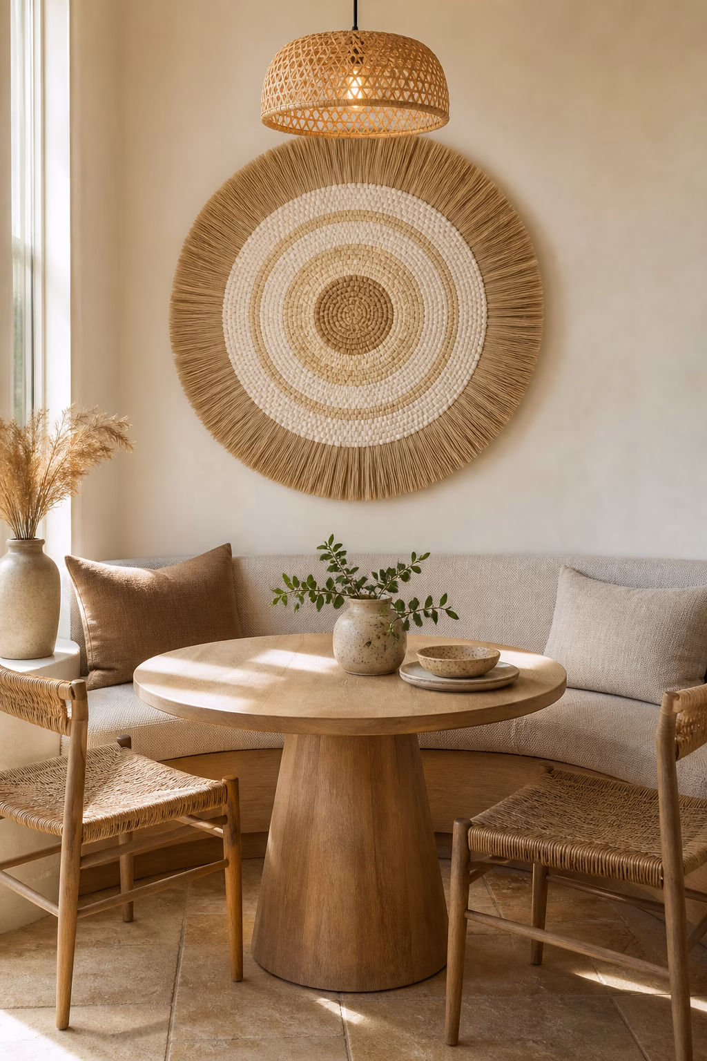 Round fiber wall hanging centered above a small breakfast table.