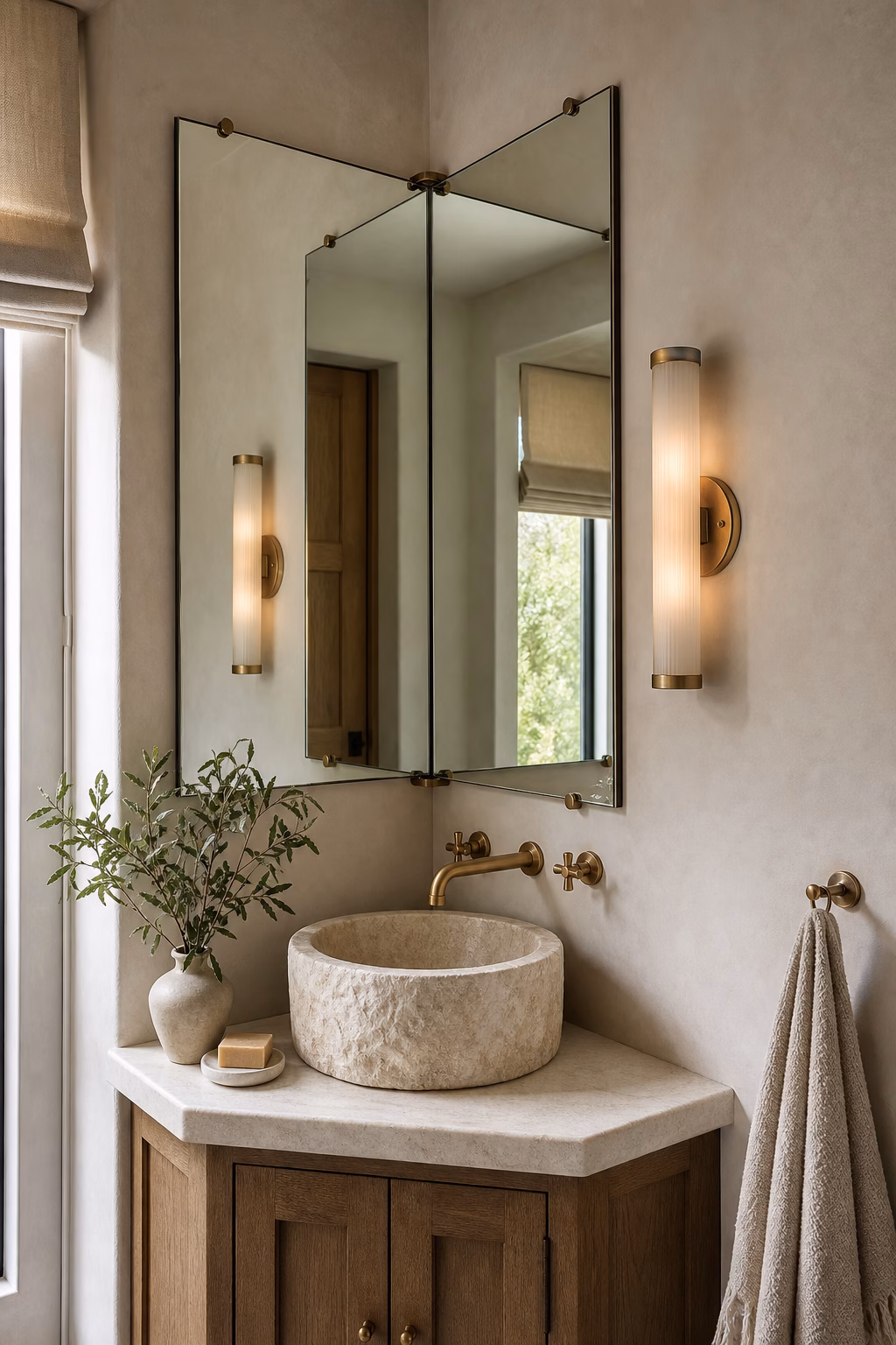 Corner bathroom mirror solution above a compact vanity with angled walls