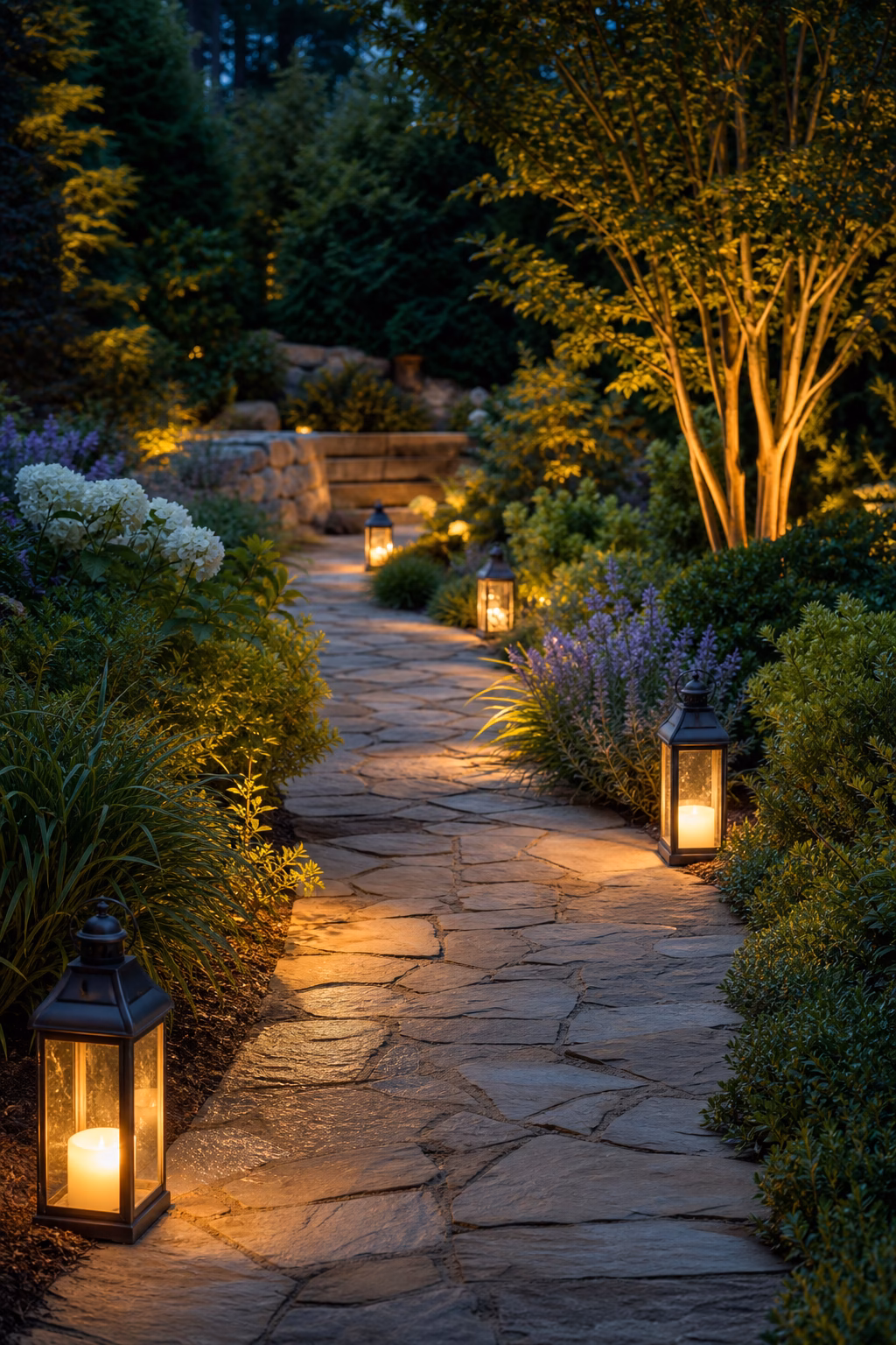 Outdoor lanterns softly lighting a garden path