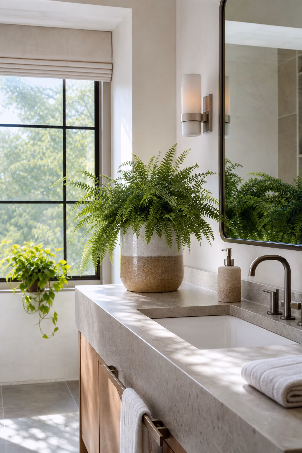 Fern in ceramic pot on a bright modern bathroom vanity