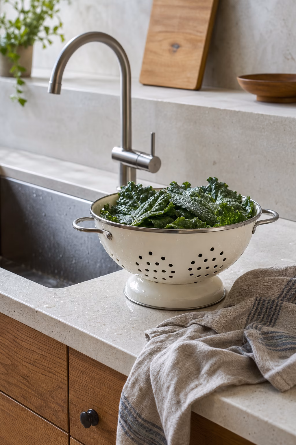 Cream enamel colander filled with greens beside a modern kitchen sink