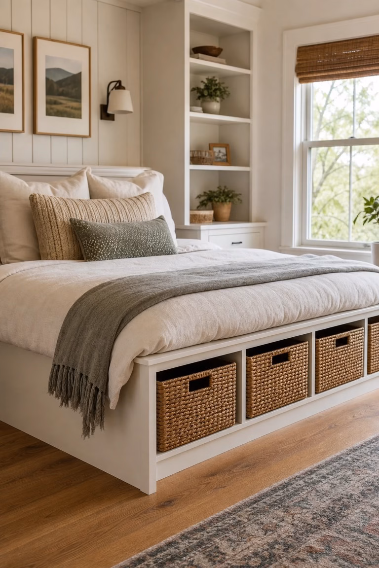 Storage bed with matching baskets inside open cubbies in a compact bedroom.