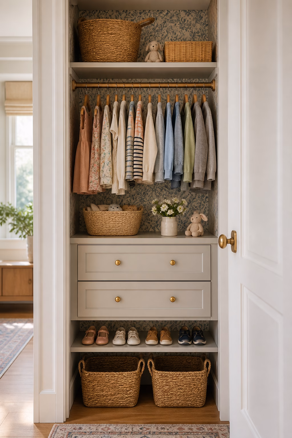 Small reach-in kids closet with wallpaper backing, low hanging rod, drawers, baskets, shelves, and shoes.