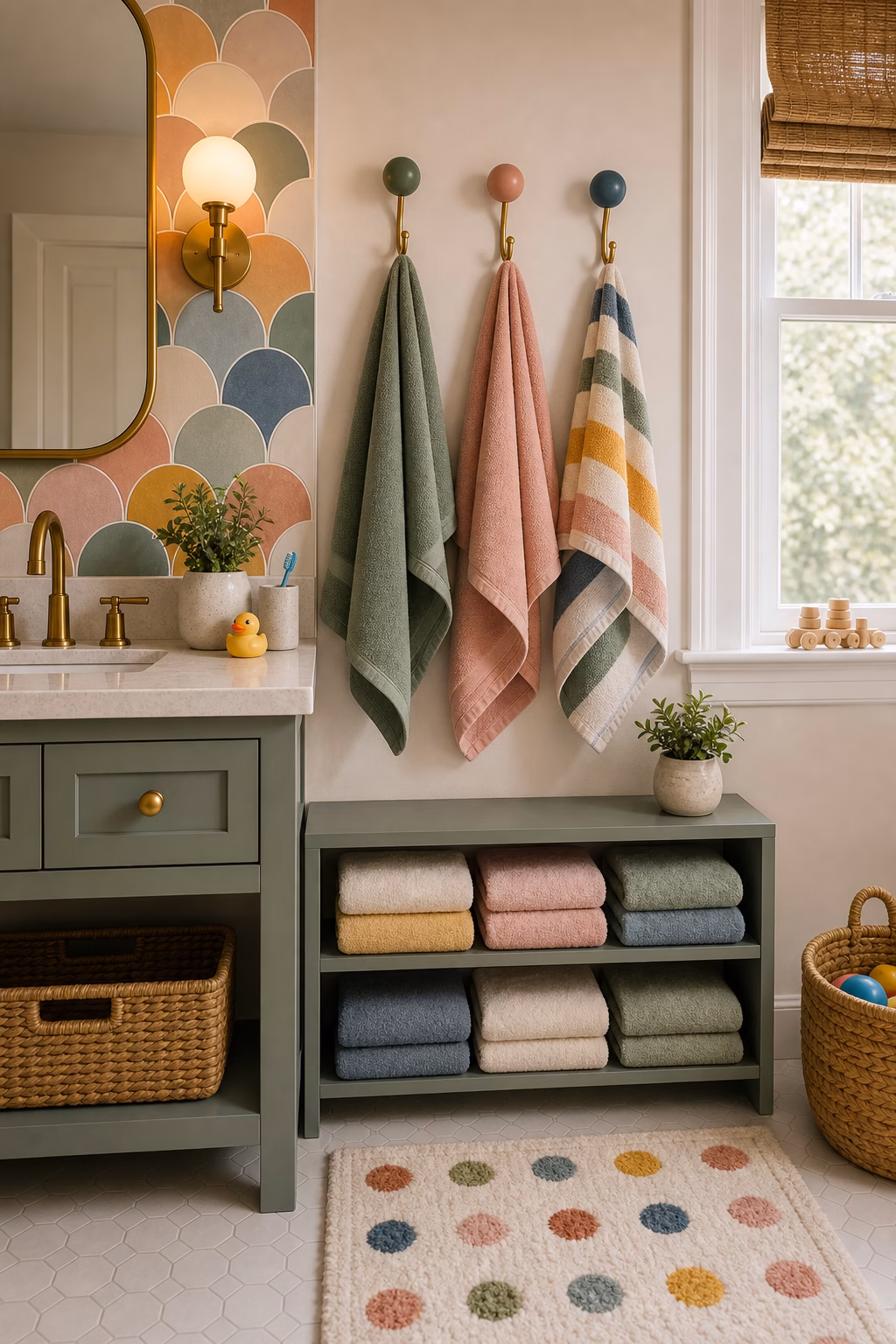 add a low shelf for daily towels shown in a polished kids bathroom with realistic materials and natural light.