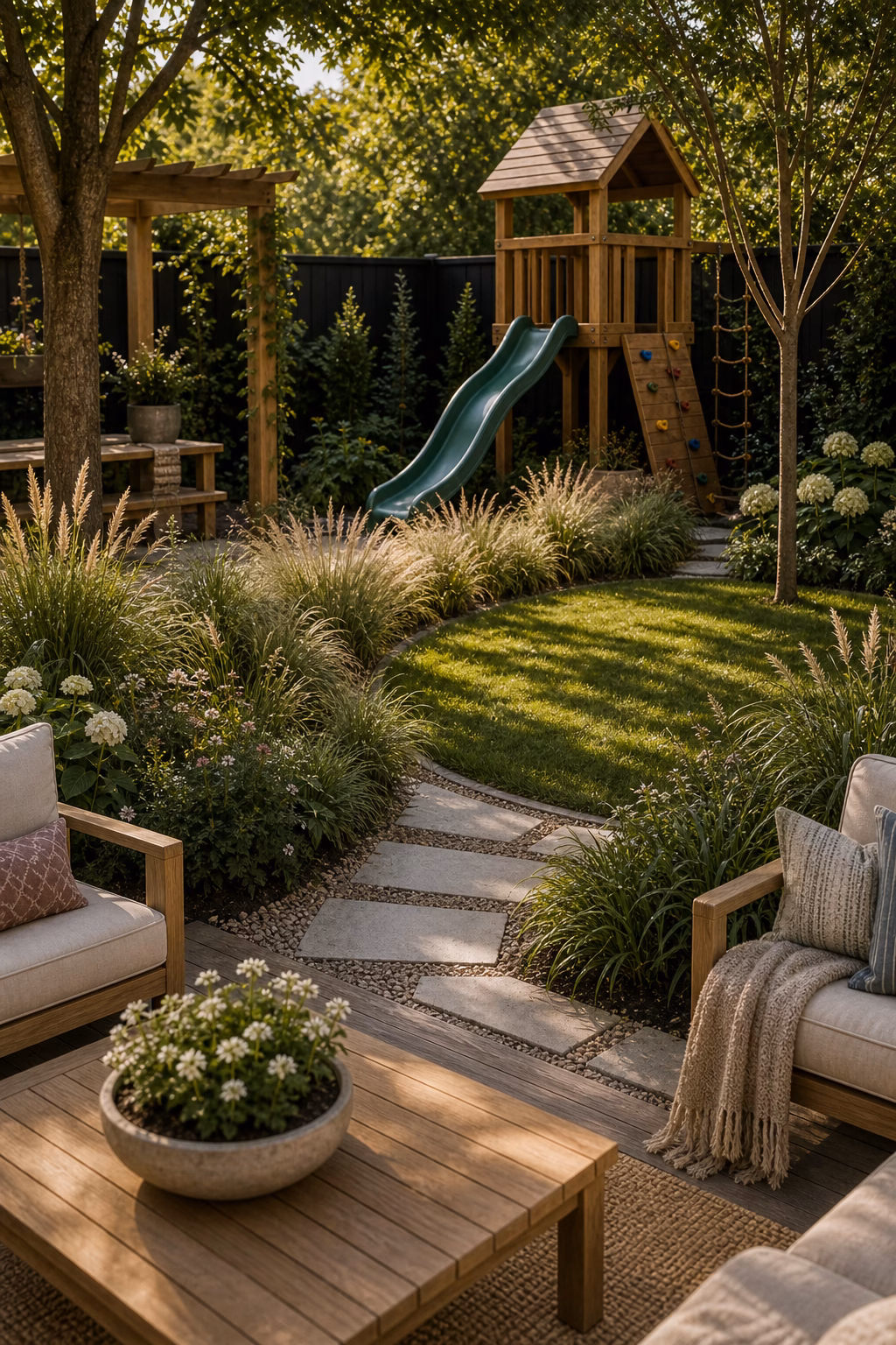 use soft boundaries around active areas shown in a polished kids backyard with realistic materials and natural light.