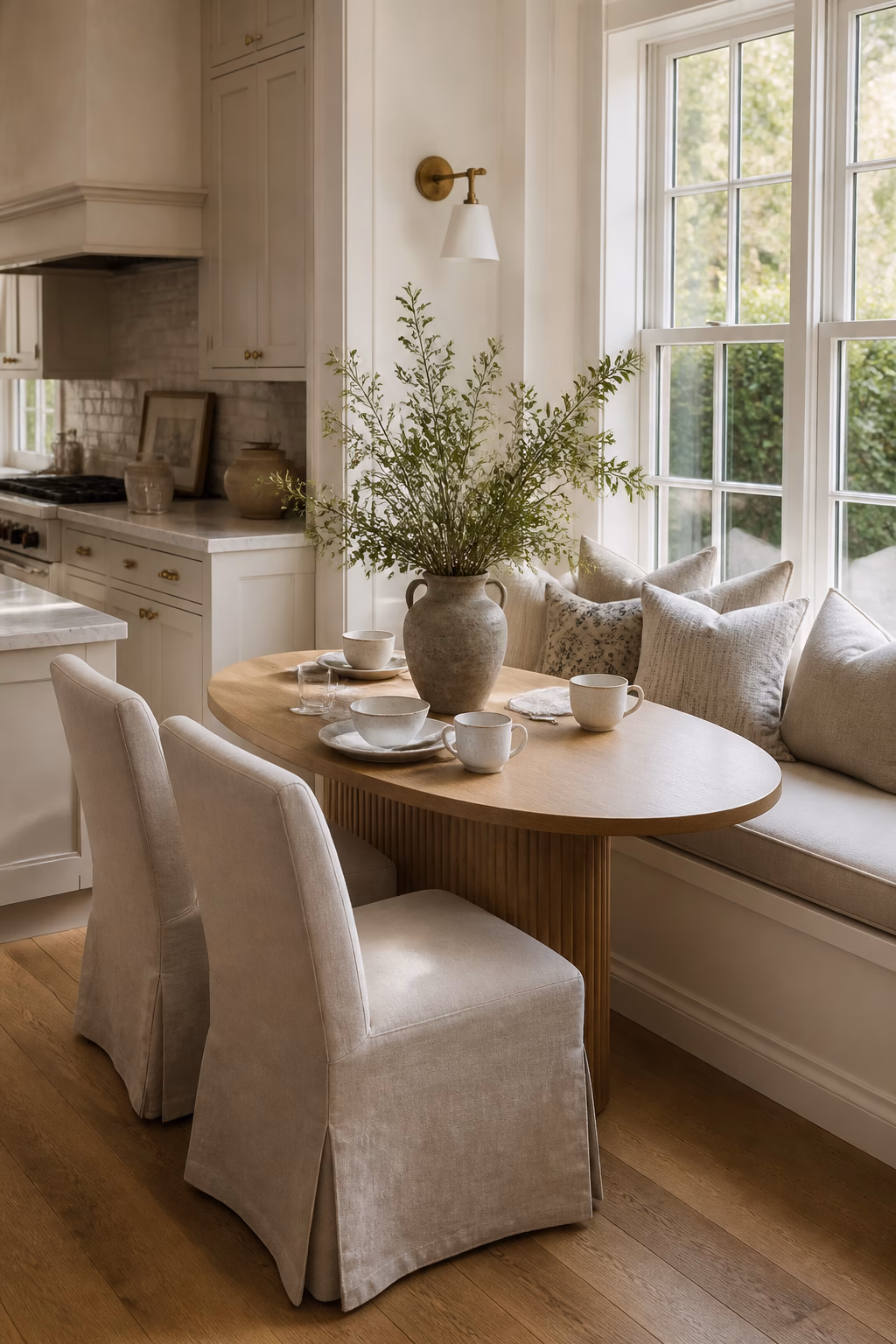 Breakfast nook mixing a built-in banquette with two loose dining chairs.