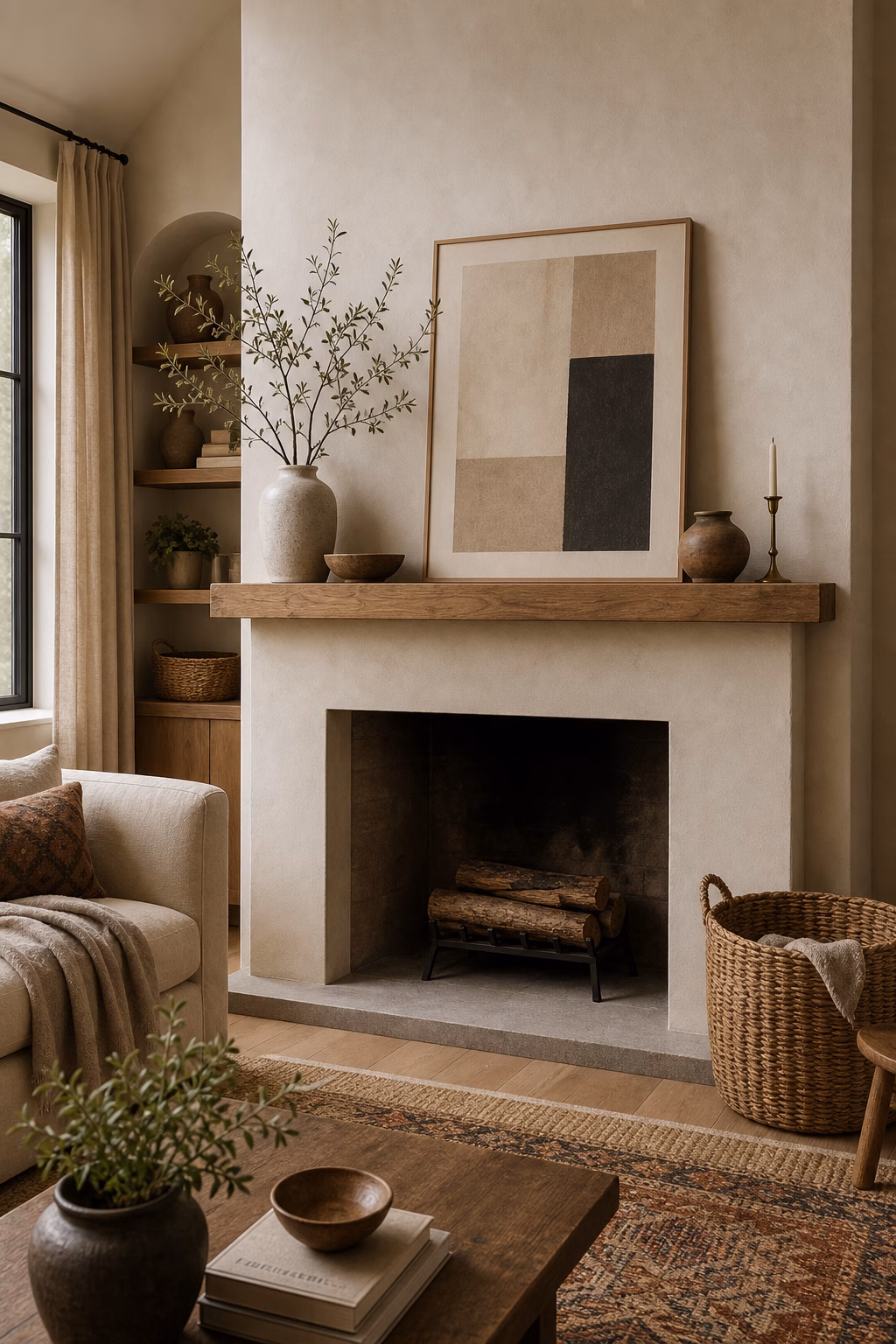Boho plaster fireplace mantel styled with ceramics art and woven basket