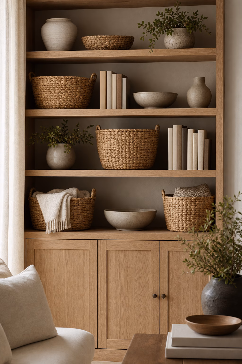 Woven baskets adding texture and storage to living room shelves