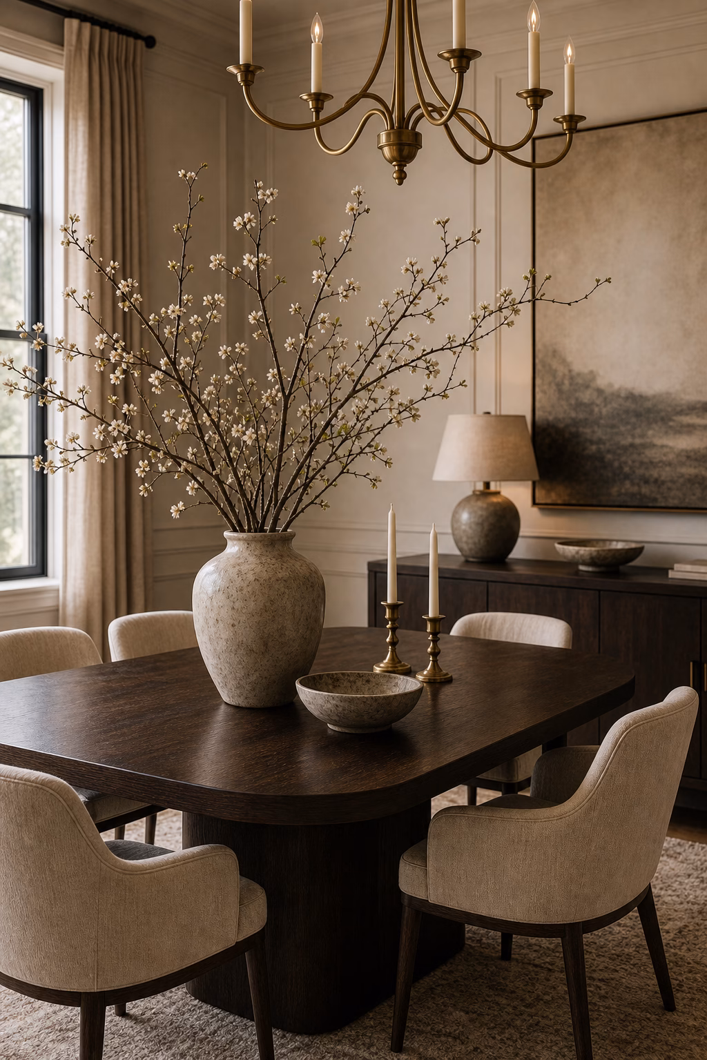 add sculptural branches or florals shown in a polished luxury dining room with realistic materials and natural light.