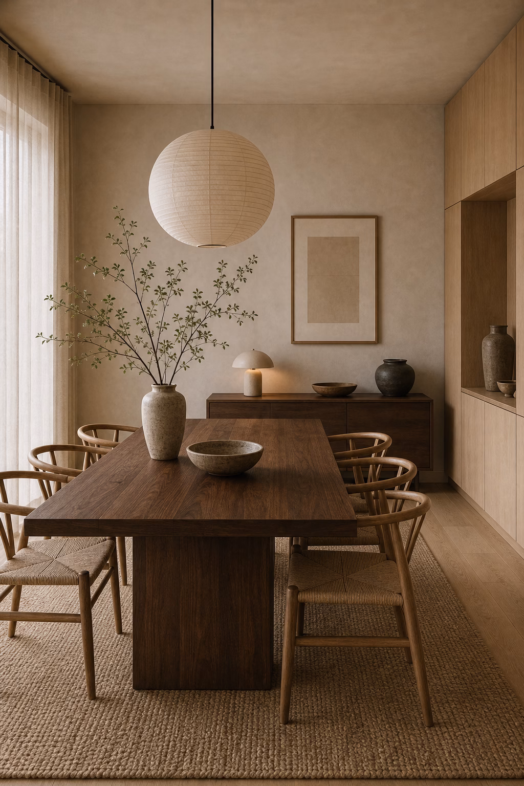 balance pale oak with deeper walnut shown in a polished Japandi dining room with realistic materials and natural light.