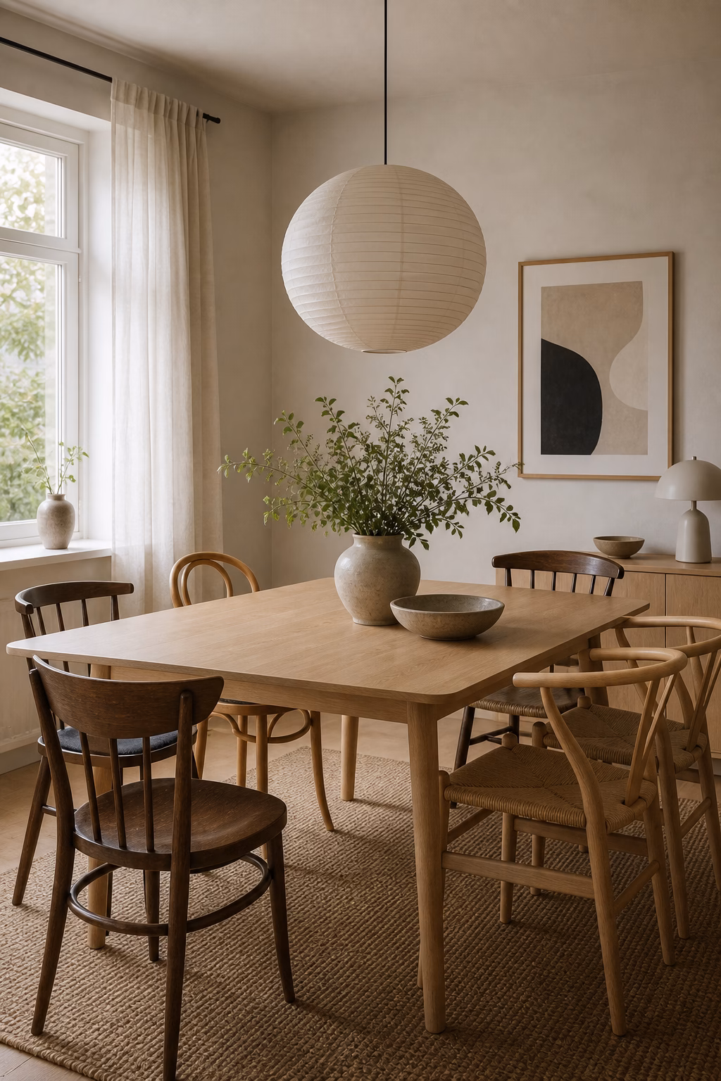 mix vintage and modern chairs shown in a polished Scandinavian dining room with realistic materials and natural light.