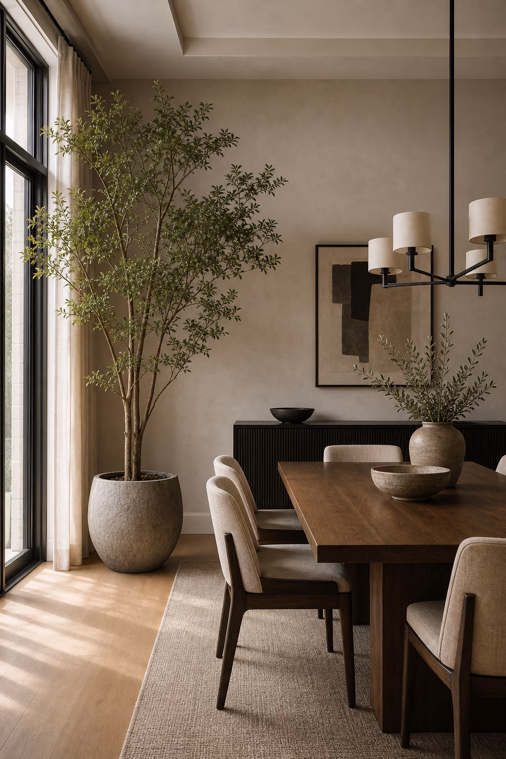 Sculptural indoor tree adding life to a contemporary dining room.