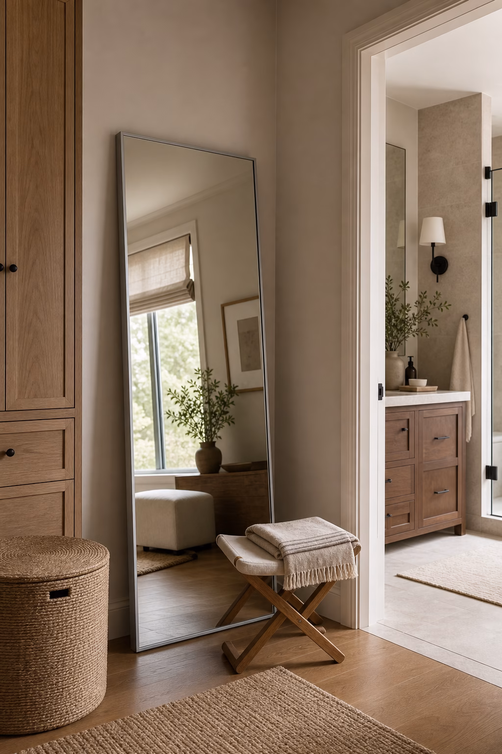 Full length mirror used in a dry dressing area outside the bathroom