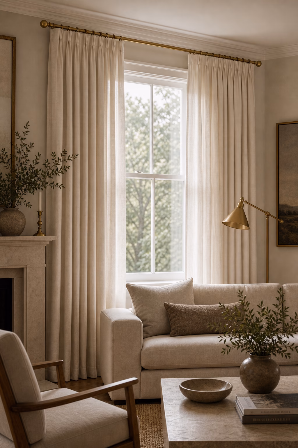 Brass curtain rod with cream drapes in an elegant living room