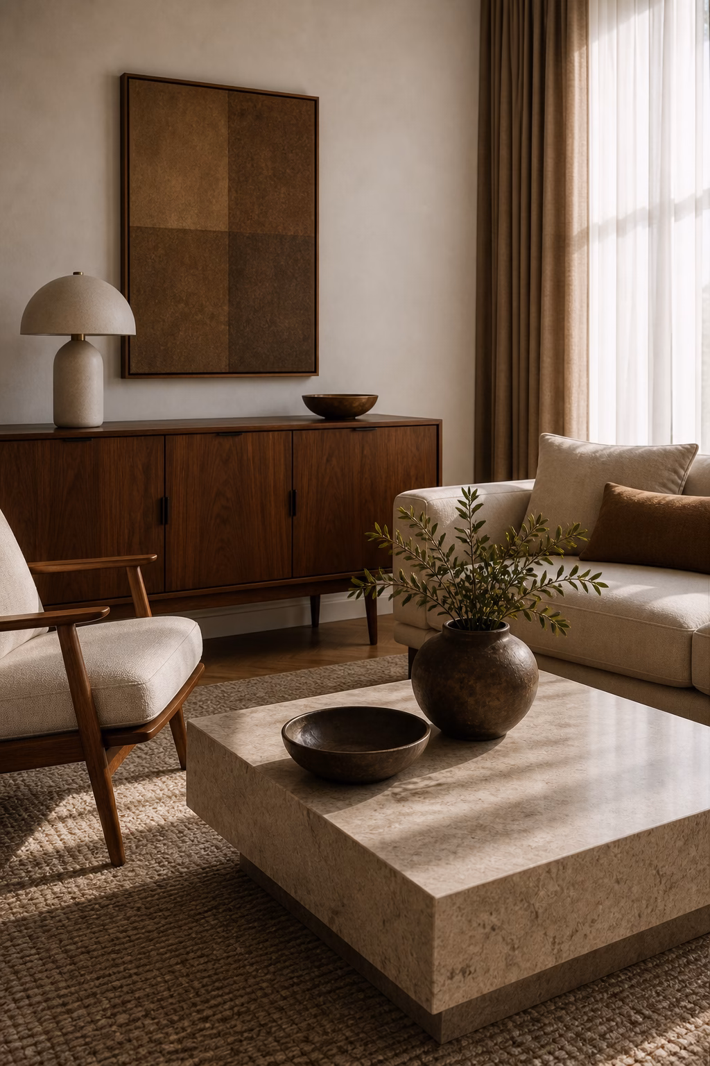 Edited mid-century living room accessories with ceramics books and lamp