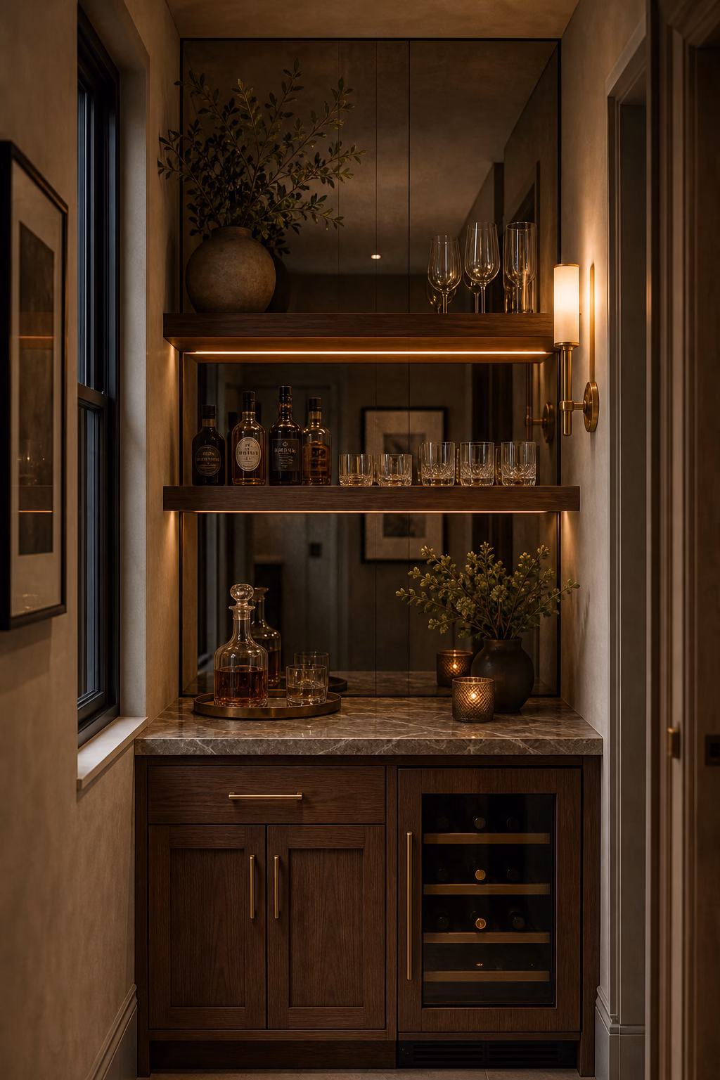 Smoked long mirror backing a polished narrow bar nook