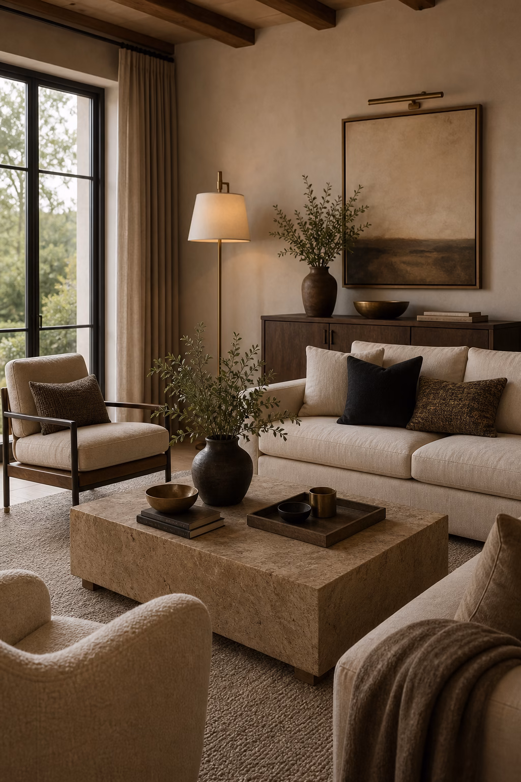 Living room with aged brass accents and warm neutral palette