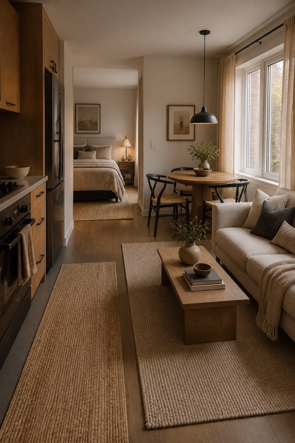 Small apartment with soft runners and rugs in living and bedroom zones