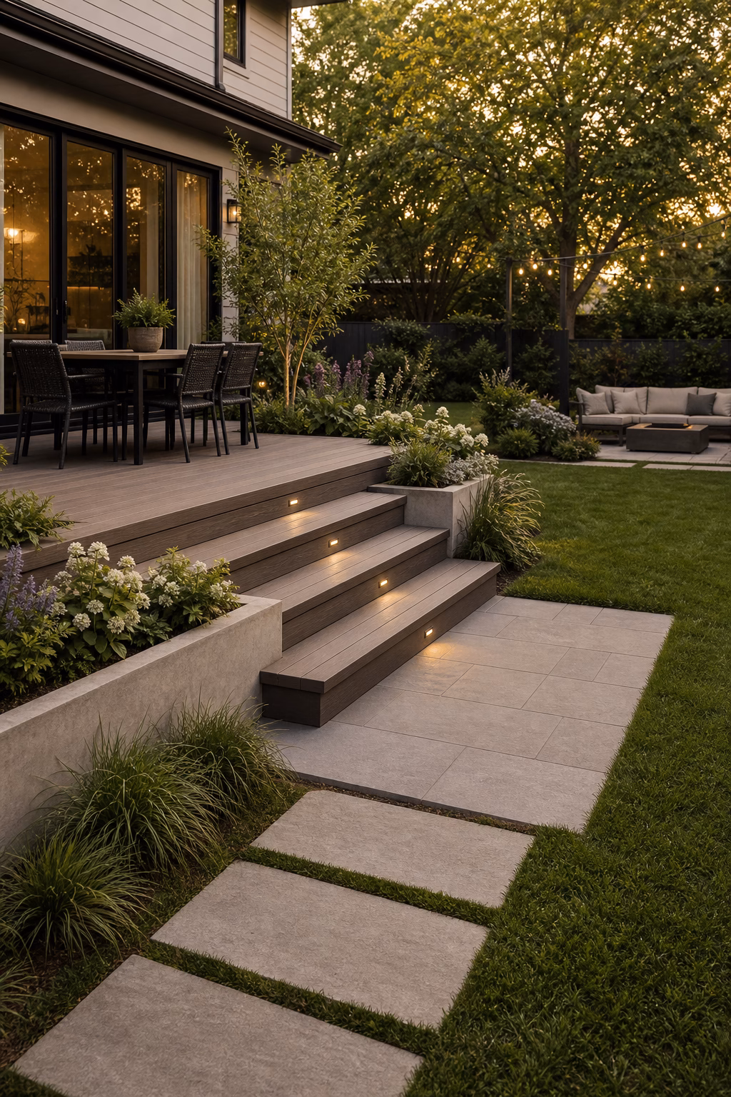 Modern deck stepping down to lawn with broad shallow stairs, planter edges, and realistic lighting.
