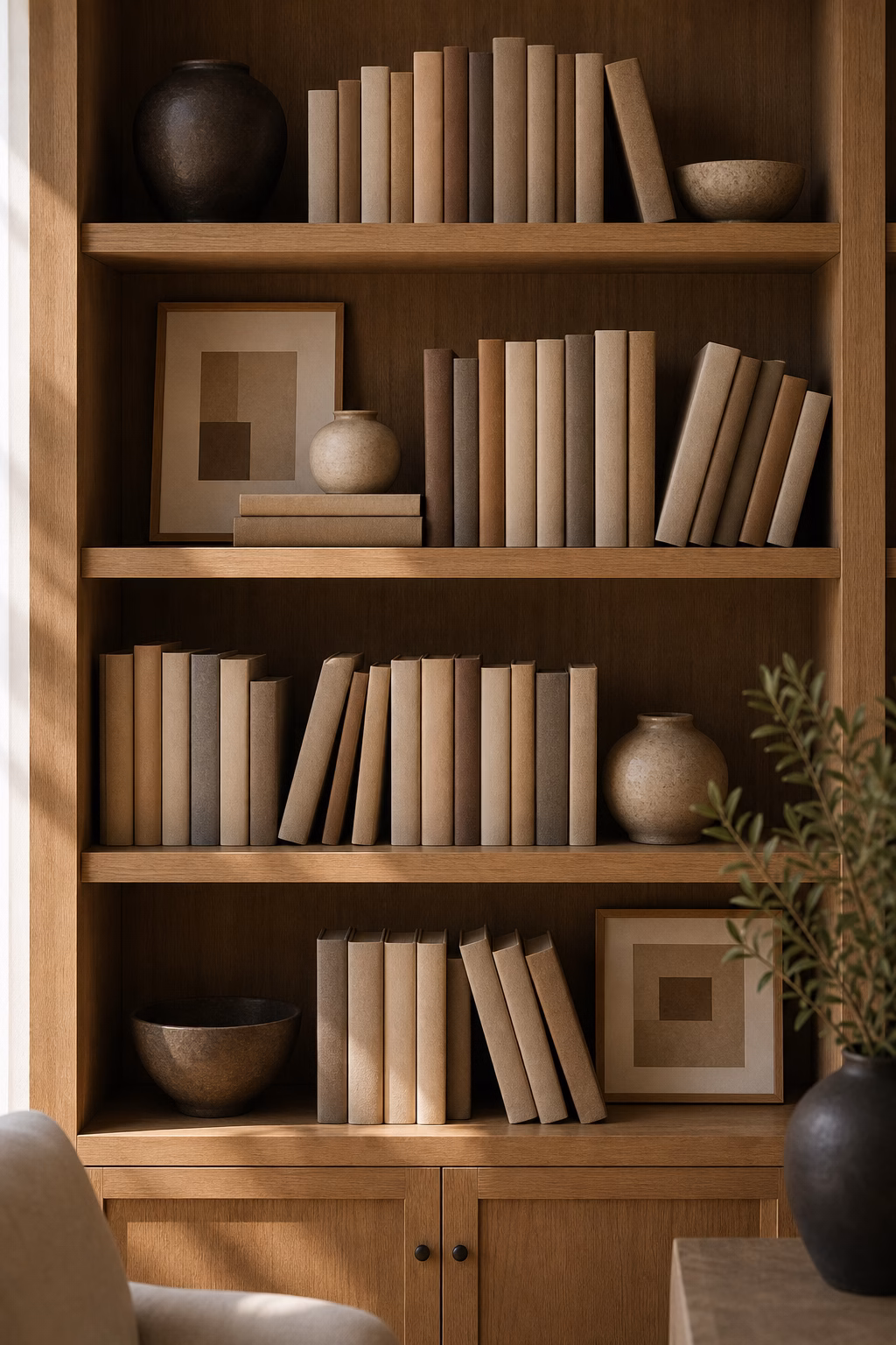 A few angled books adding movement to orderly bookshelves