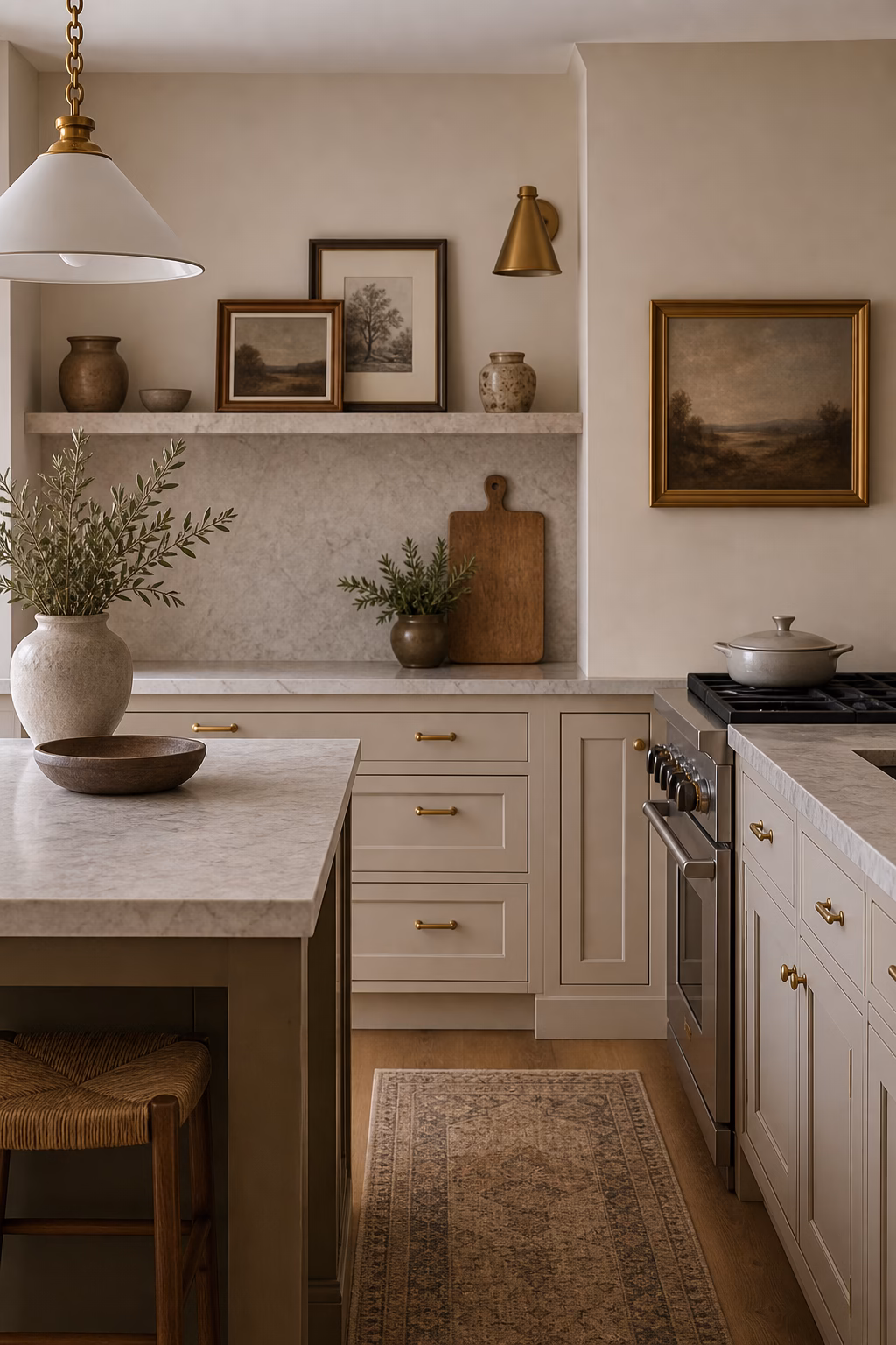 Framed artwork integrated into a warm vintage modern kitchen with ceramics and brass lighting.
