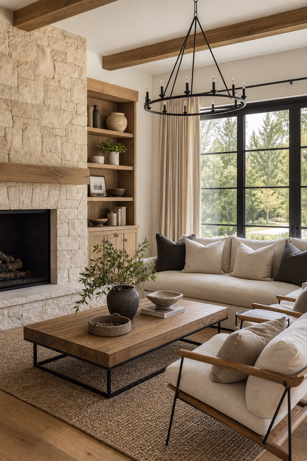 Modern living room with repeated oak stone linen and black accents