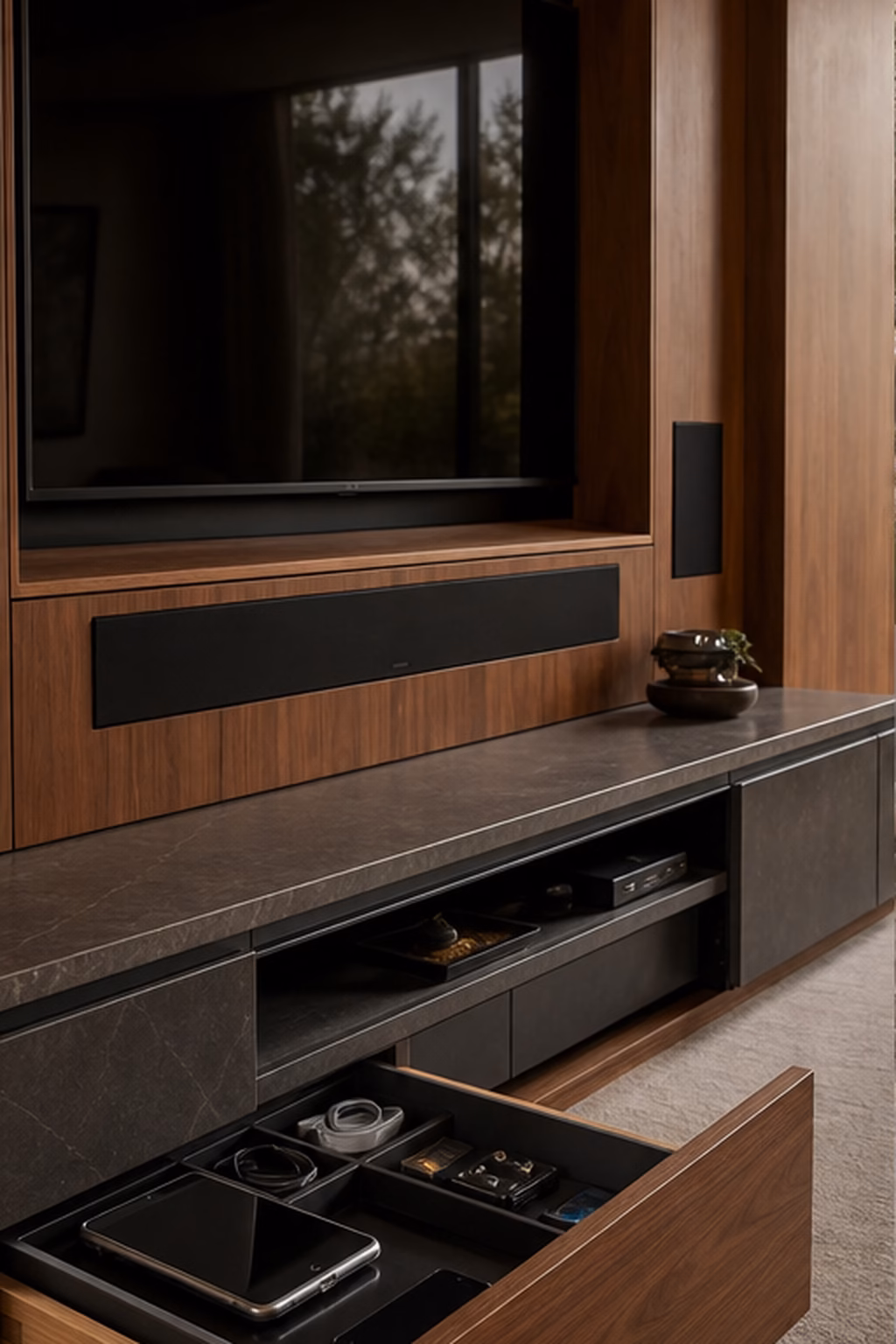 Hidden technology integrated into walnut millwork in a modern media room
