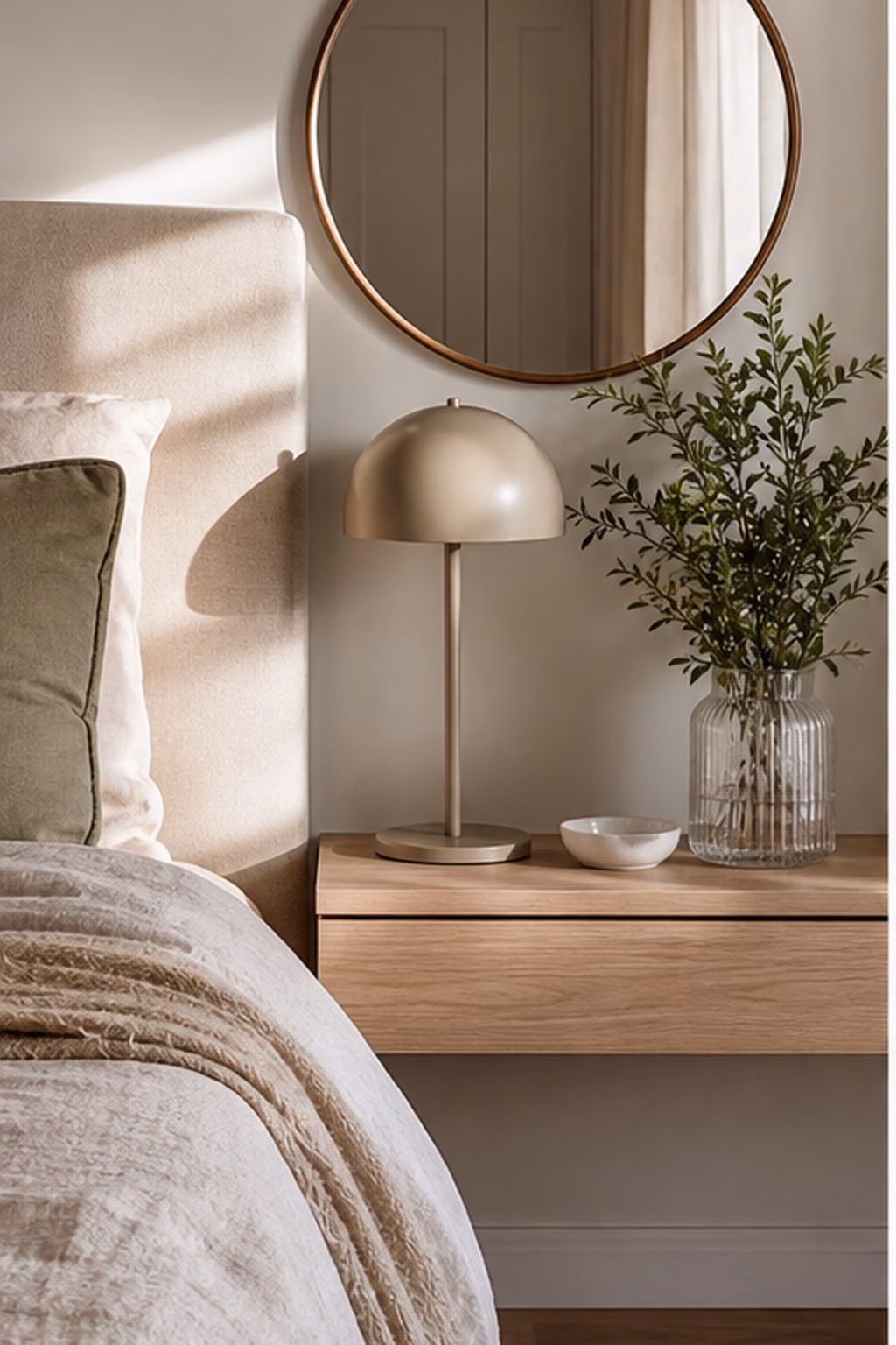Round mirror above a floating nightstand in a small bedroom