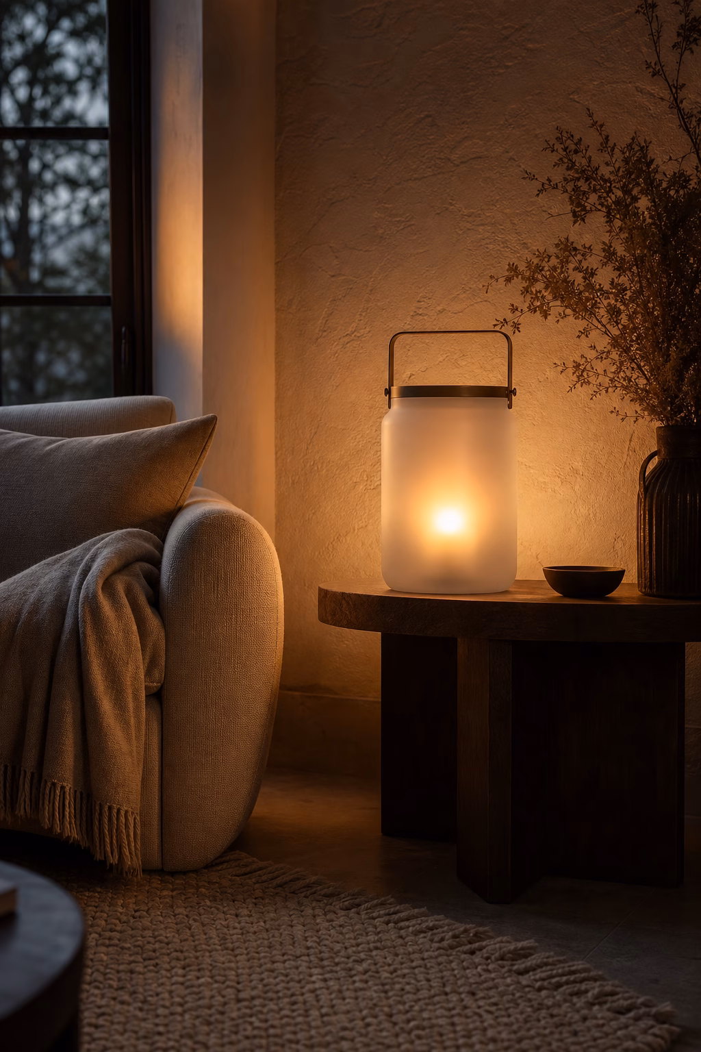 Frosted glass candle lantern creating gentle glow in a reading room