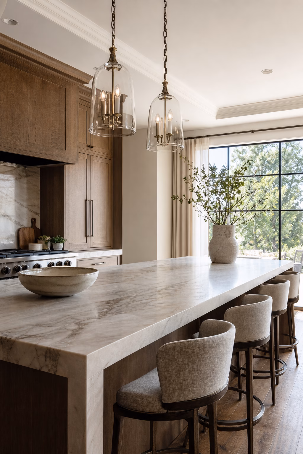Mostly clear kitchen island center with decor kept to one end