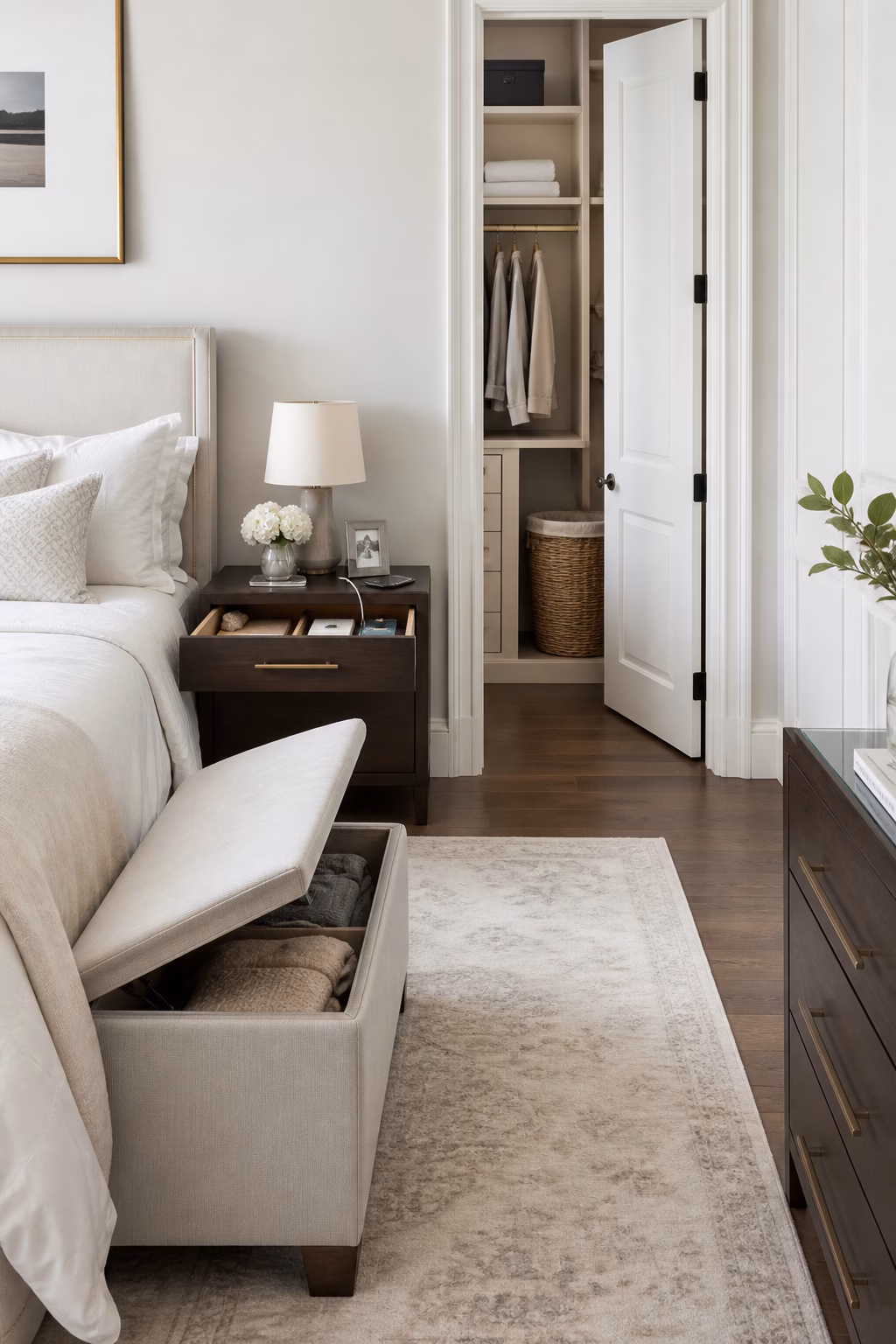 White bedroom with hidden clutter control, concealed storage bench, and organized bedside drawer.
