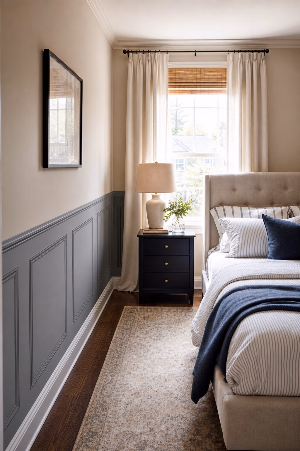 Faux wainscot decals adding architecture to a compact bedroom