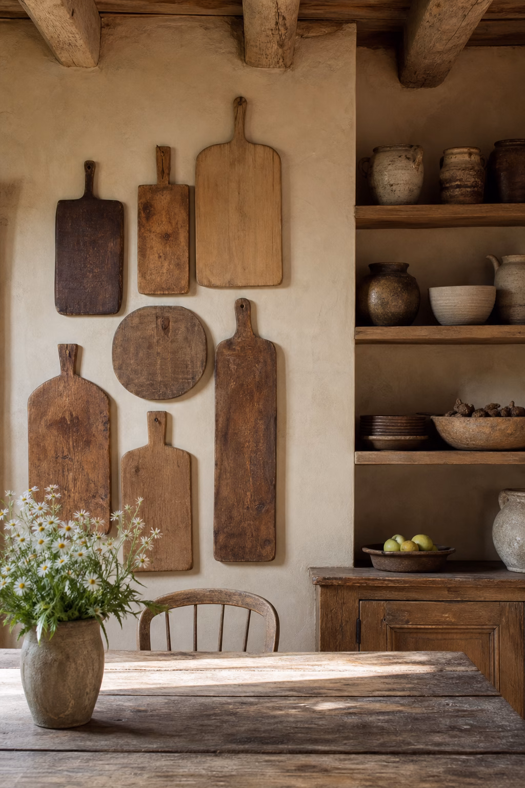 Grouped vintage bread boards displayed as rustic kitchen wall decor