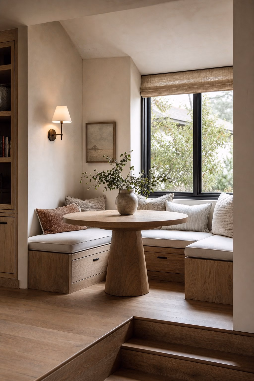 Flexible dining nook with tailored banquette and elevated storage