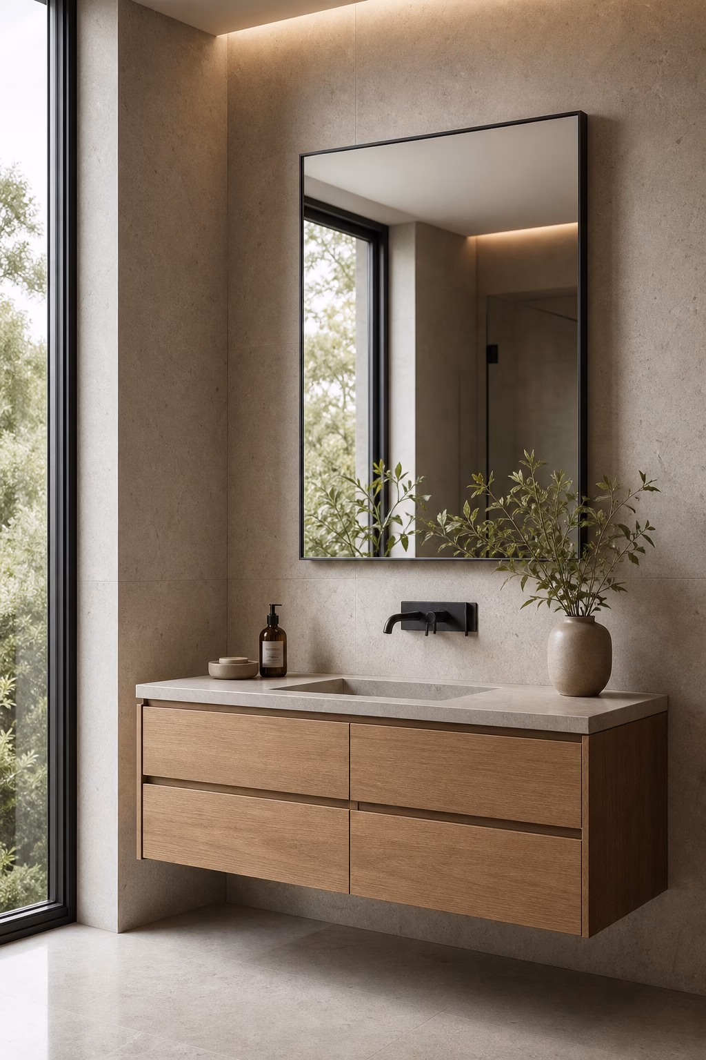 Floating bathroom vanity with rectangular mirror and clean tile backsplash