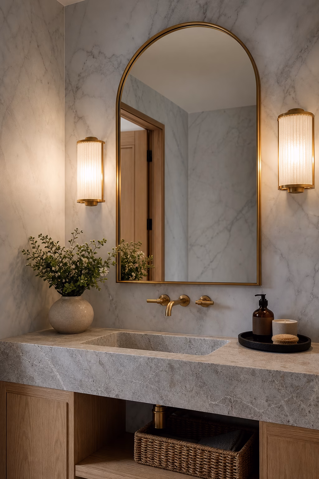 Soft gold arched mirror warming a cool marble powder room
