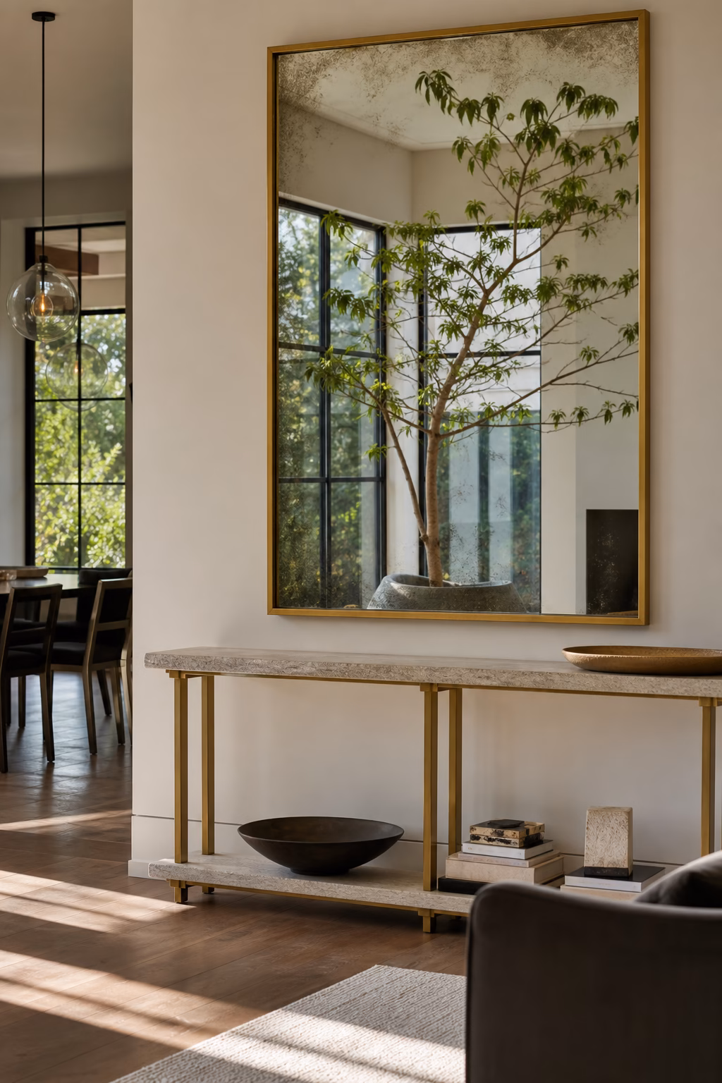 Reflective wall piece positioned to mirror a beautiful living room view